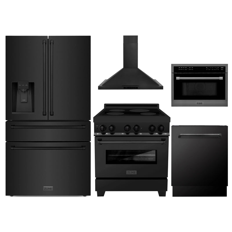 ZLINE 5-Piece Appliance Package - 30-Inch Induction Range, Wall Mount Range Hood, Refrigerator with Water Dispenser, Dishwasher and 24-Inch Microwave Oven in Black Stainless Steel