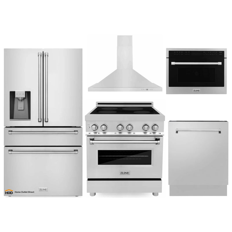 ZLINE 5-Piece Appliance Package - 30-Inch Induction Range, Wall Mount Range Hood, Refrigerator with Water Dispenser, Dishwasher, and 24-Inch Microwave Oven in Stainless Steel