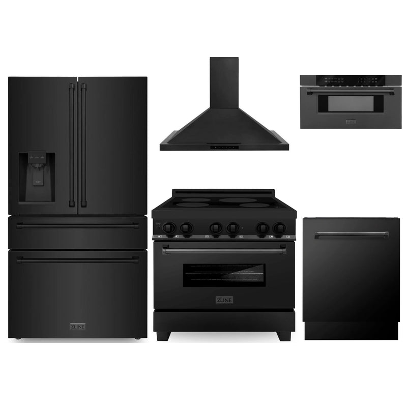 ZLINE 5-Piece Appliance Package - 36-Inch Induction Range, Wall Mount Range Hood, Refrigerator with Water Dispenser, Dishwasher, and 30-Inch Microwave Drawer in Black Stainless Steel