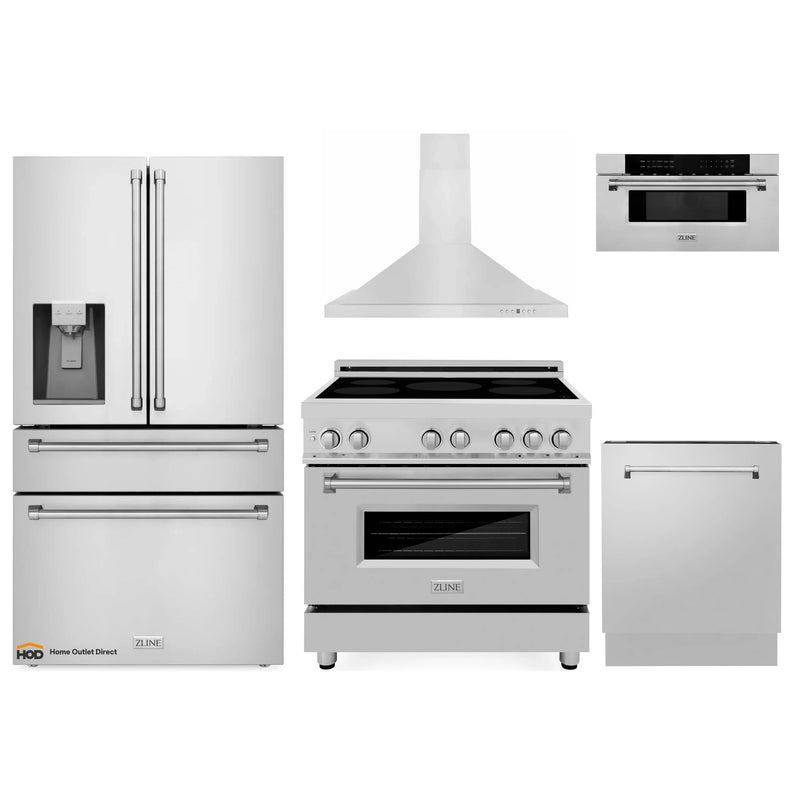 ZLINE 5-Piece Appliance Package - 36-Inch Induction Range, Wall Mount Range Hood, Refrigerator with Water Dispenser, Dishwasher, and 30-Inch Microwave Drawer in Stainless Steel