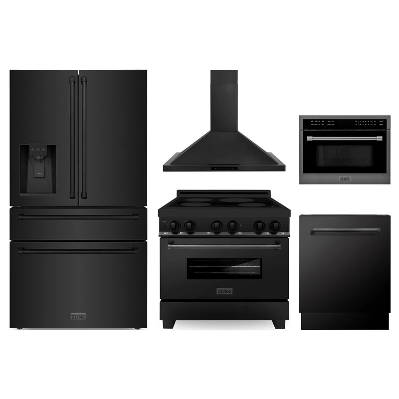 ZLINE 5-Piece Appliance Package - 36-Inch Induction Range, Wall Mount Range Hood, Refrigerator with Water Dispenser, Dishwasher, and 24-Inch Microwave Oven in Black Stainless Steel