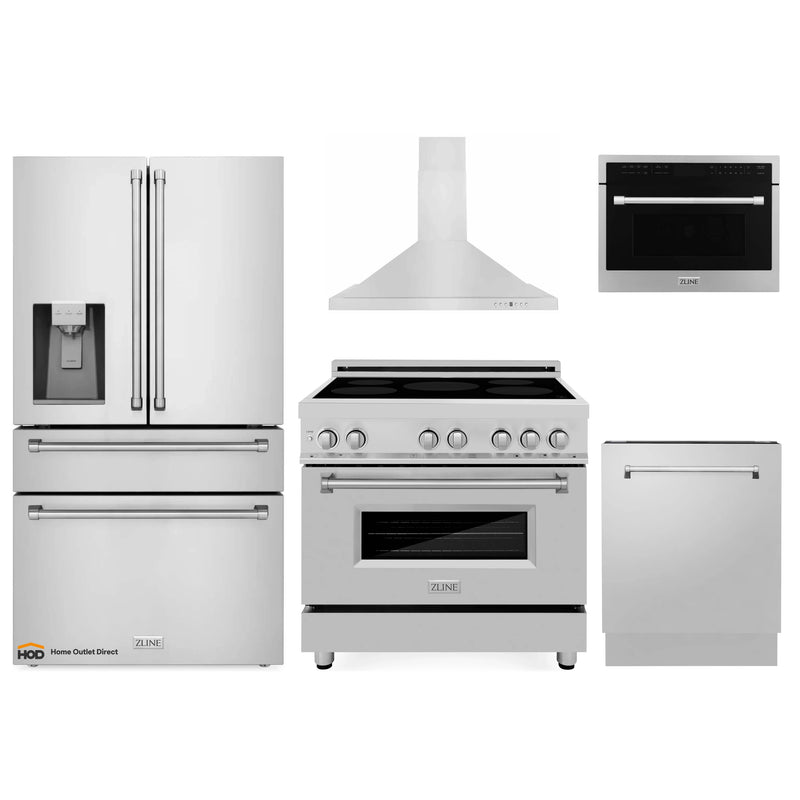 ZLINE 5-Piece Appliance Package - 36-Inch Induction Range, Wall Mount Range Hood, Refrigerator with Water Dispenser, Dishwasher, and 24-Inch Microwave Oven in Stainless Steel