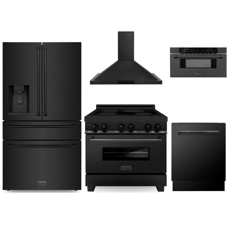 ZLINE 5-Piece Appliance Package - 36-Inch Induction Range, Wall Mount Range Hood, Refrigerator with Water Dispenser, Dishwasher, and 30-Inch Microwave Oven in Black Stainless Steel