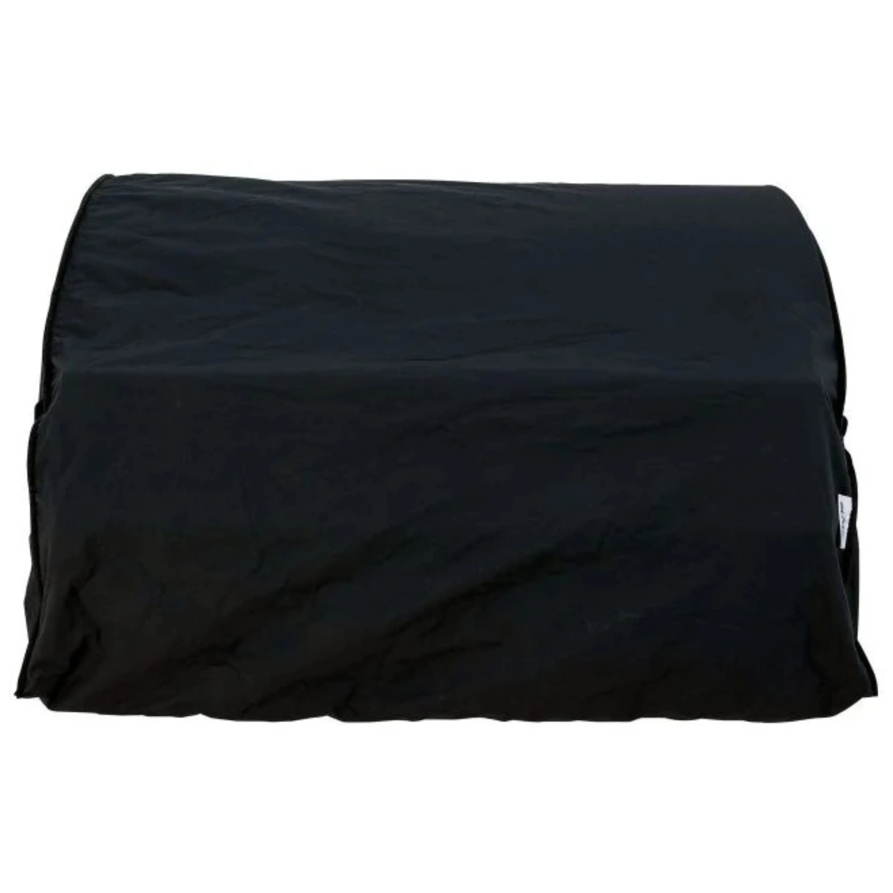 Black built-in 5-burner gas grill cover, fitted with straps and pull tab
