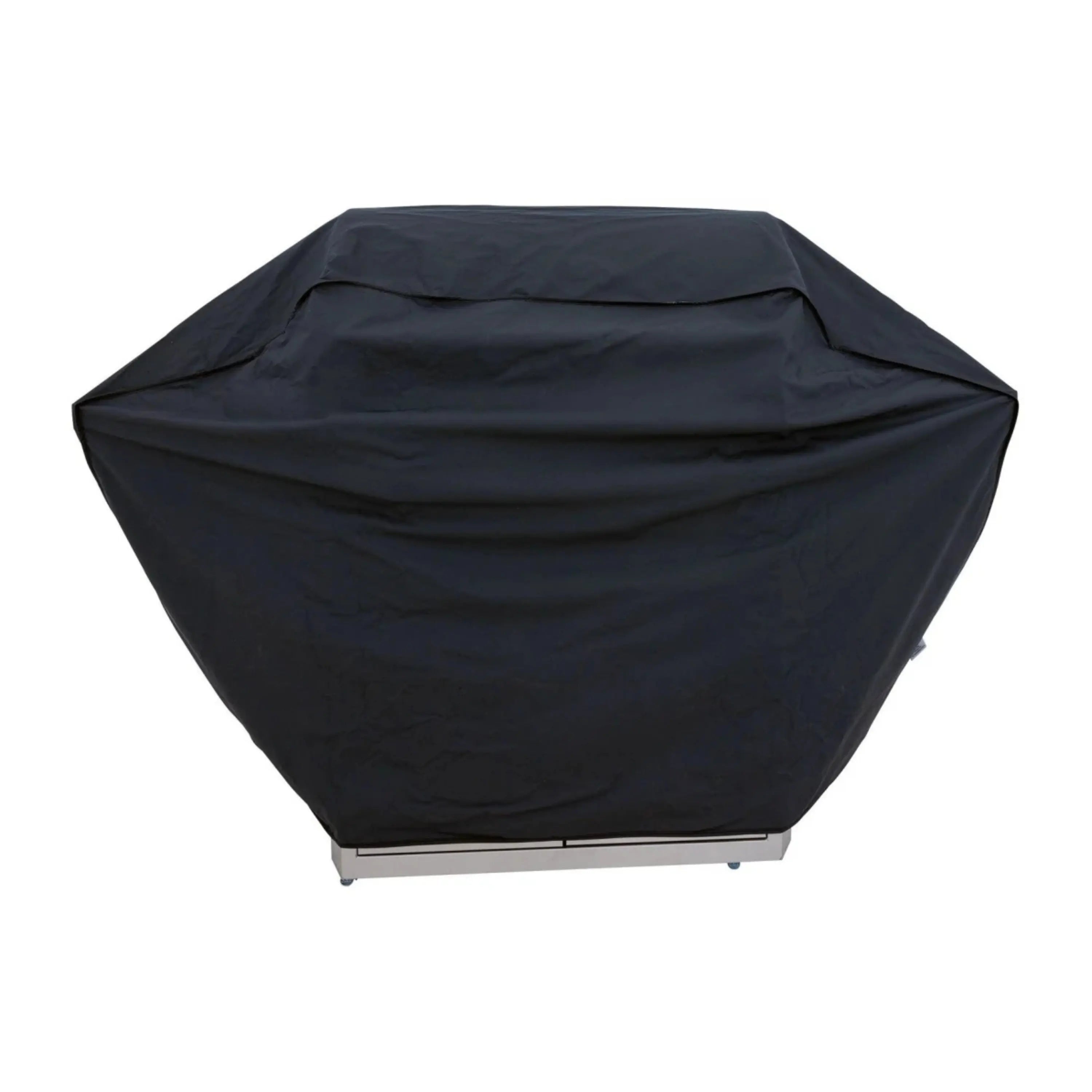 On-cart gas grill cover with fitted dark fabric and peaked top design