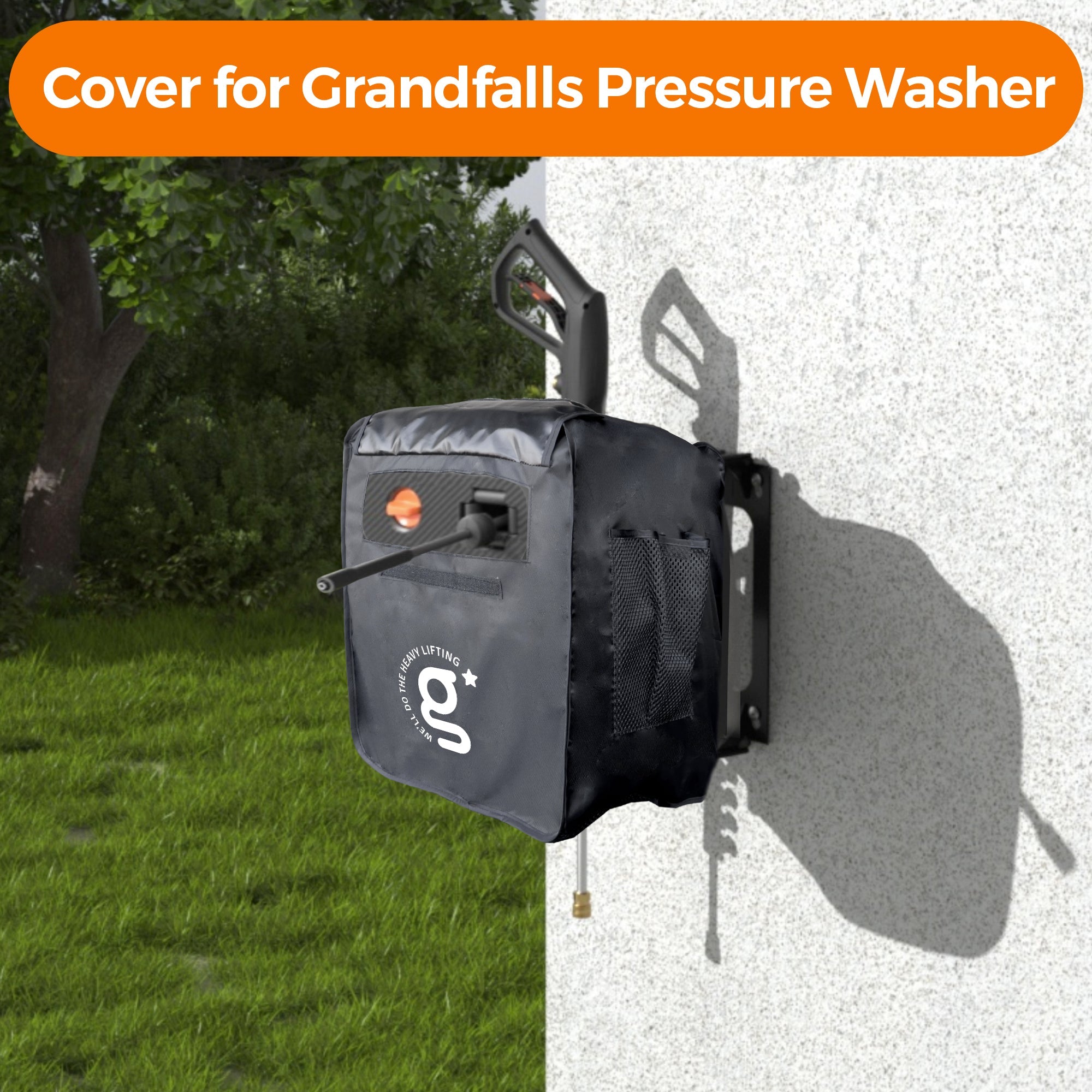 Pressure washer cover in dark fabric with carry handle, shown on a stand for outdoor storage.