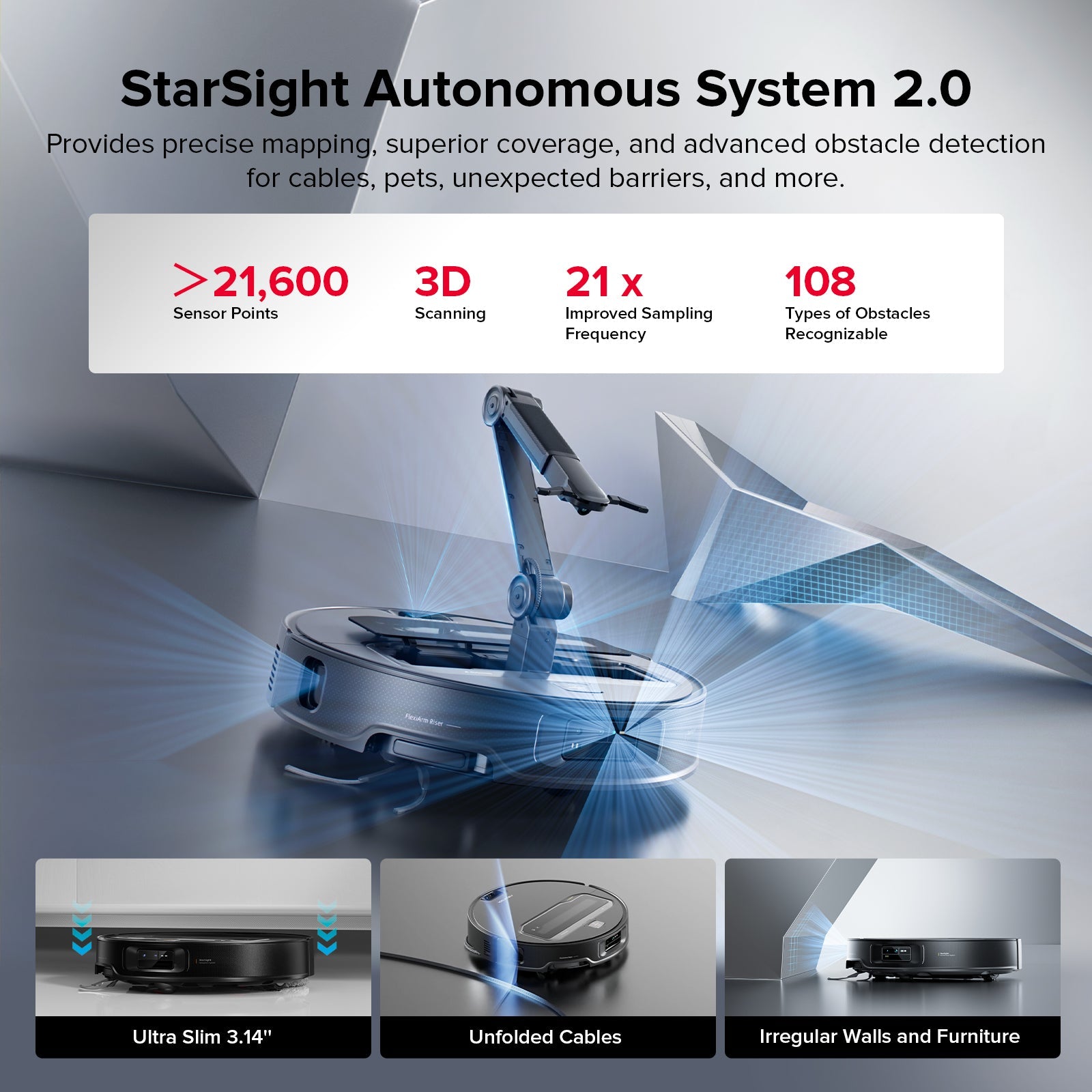 Robot vacuum with side brush and 3D scanning light effects around the base