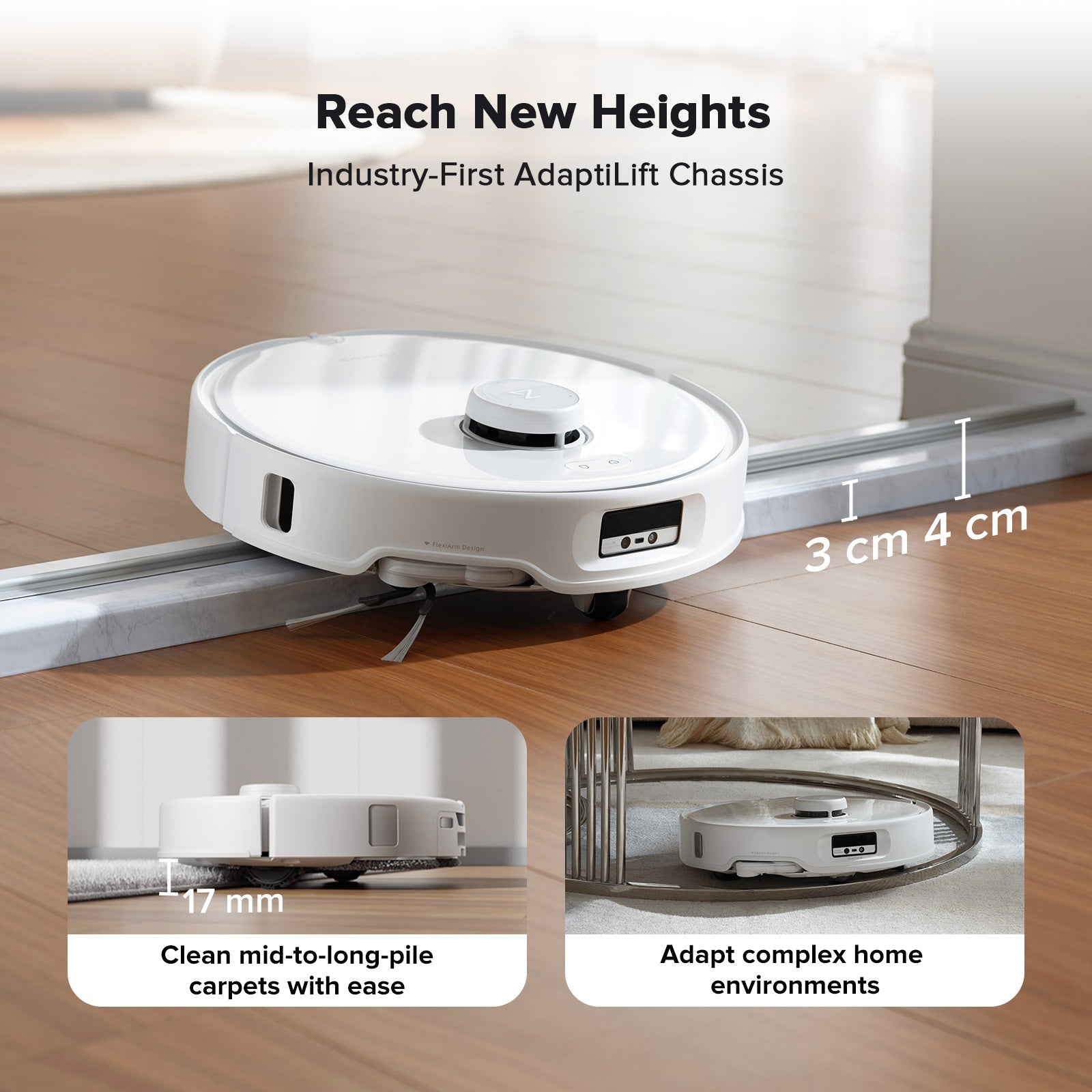 White Roborock robot vacuum on hardwood with slim chassis reaching under furniture