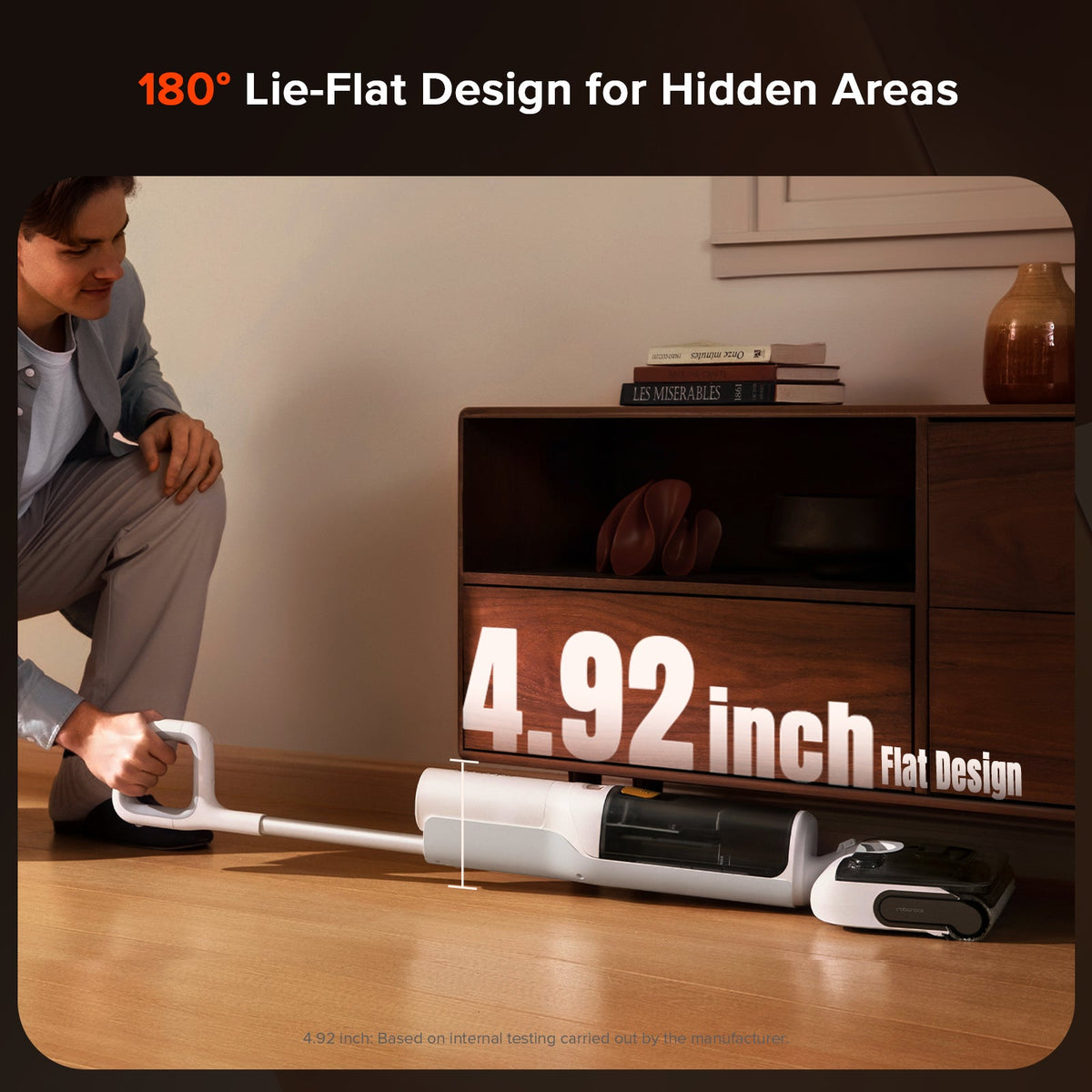 Roborock wet and dry vacuum cleaner with low-profile flat head for tight spaces