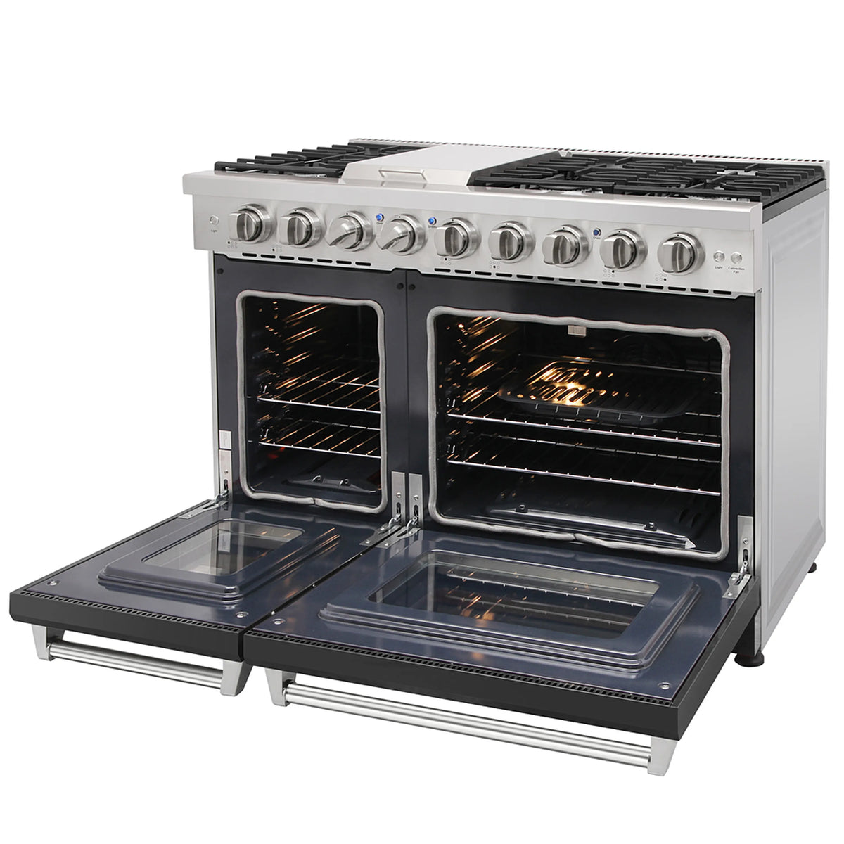 Stainless gas range with oven door open and cooking surface griddle grates