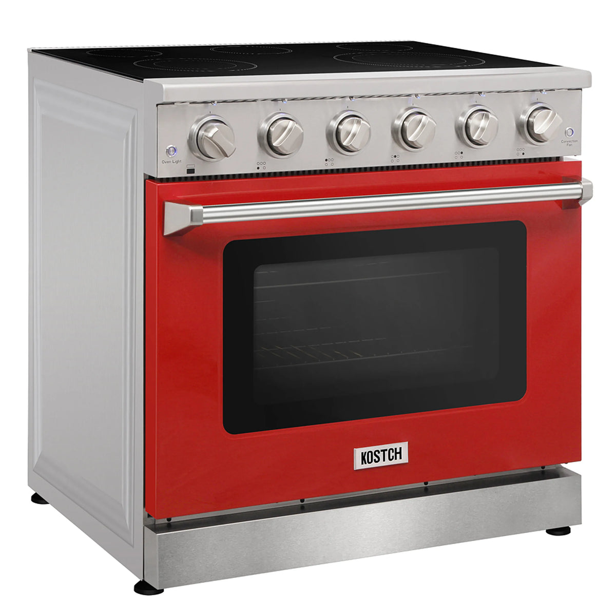 Red electric range with stainless control panel and black oven window