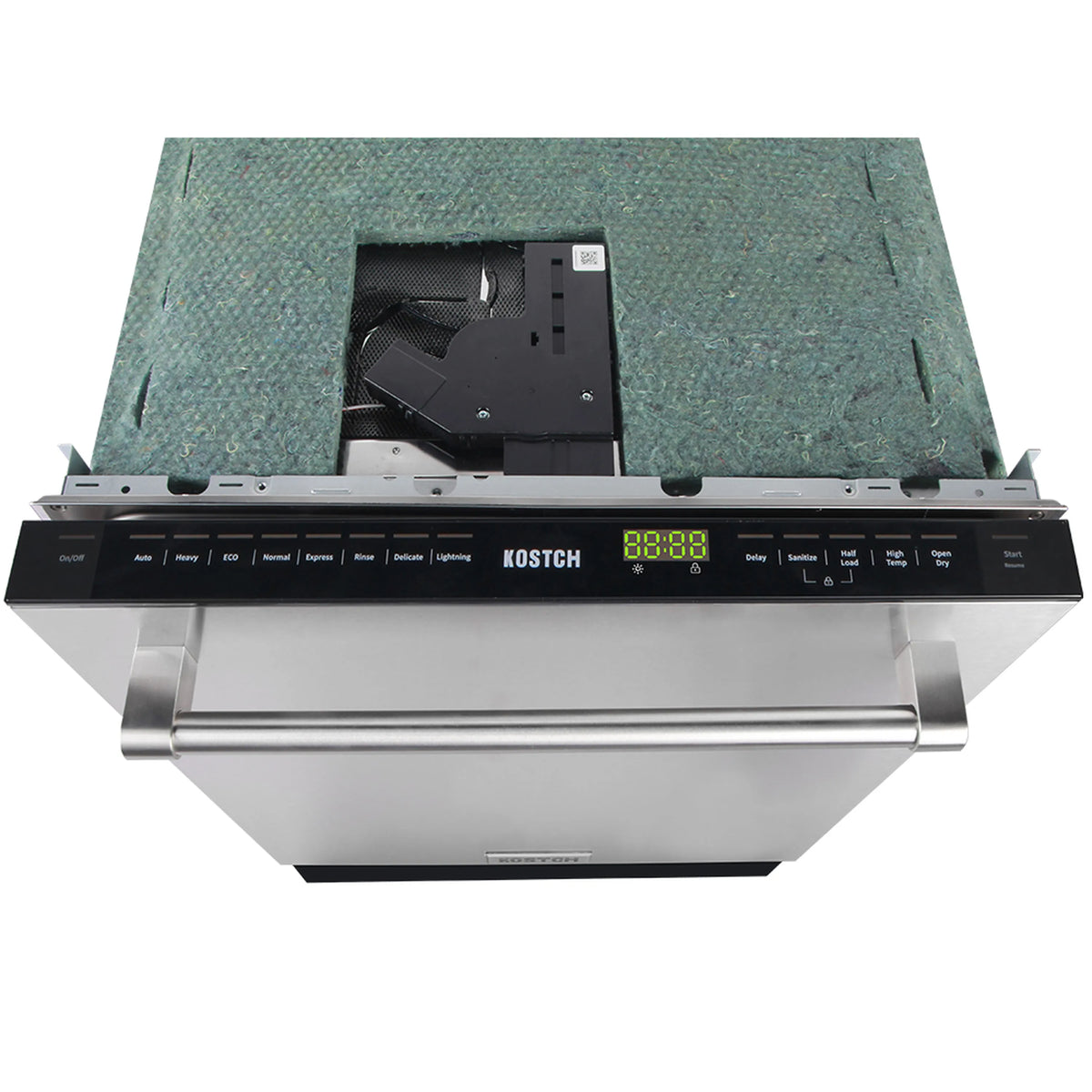 Stainless steel built-in dishwasher with open door and front control panel, black display