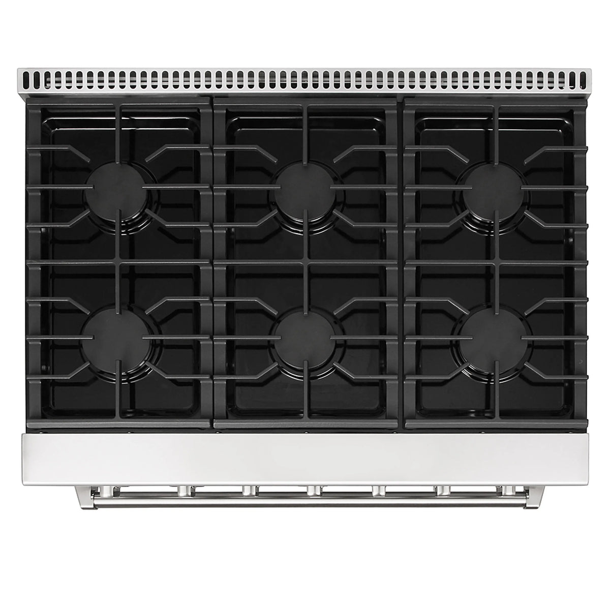 36-inch gas range top view with 6 black burner grates and control panel