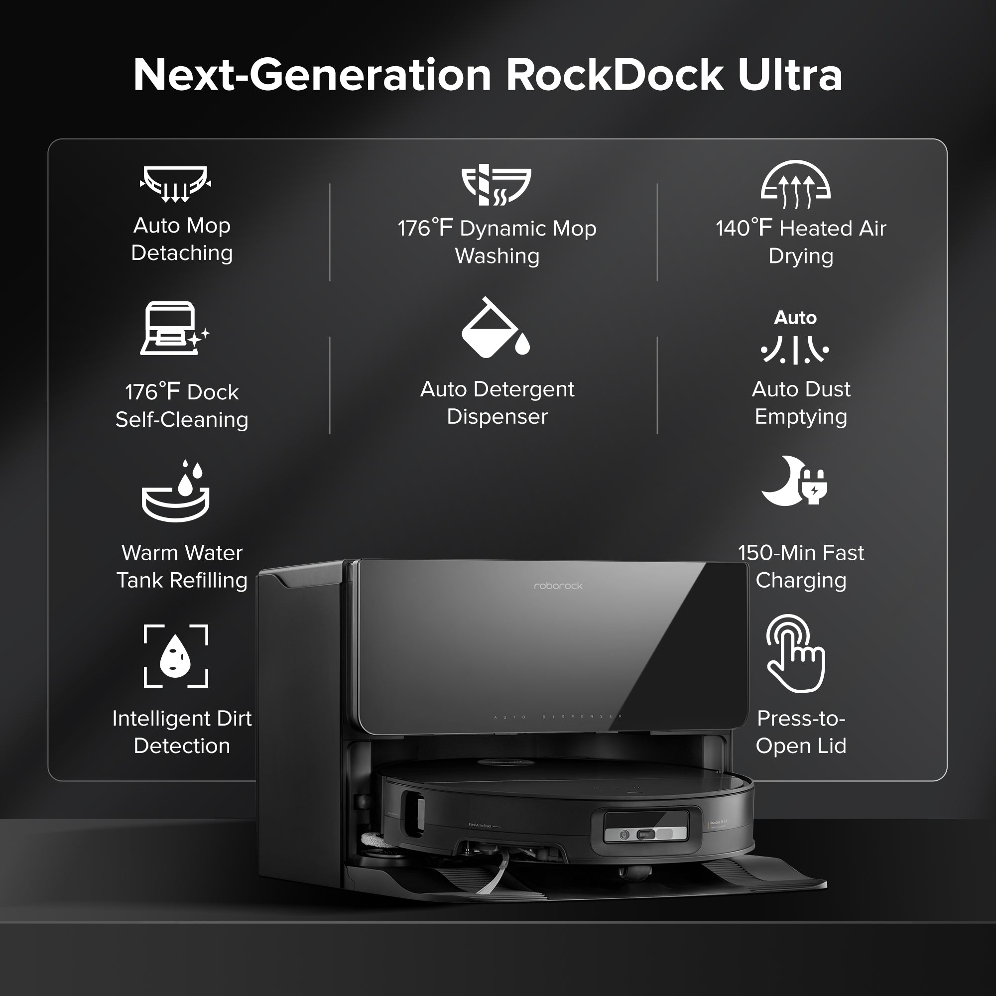 Roborock docking station with automatic wash, dry, and detergent dispenser