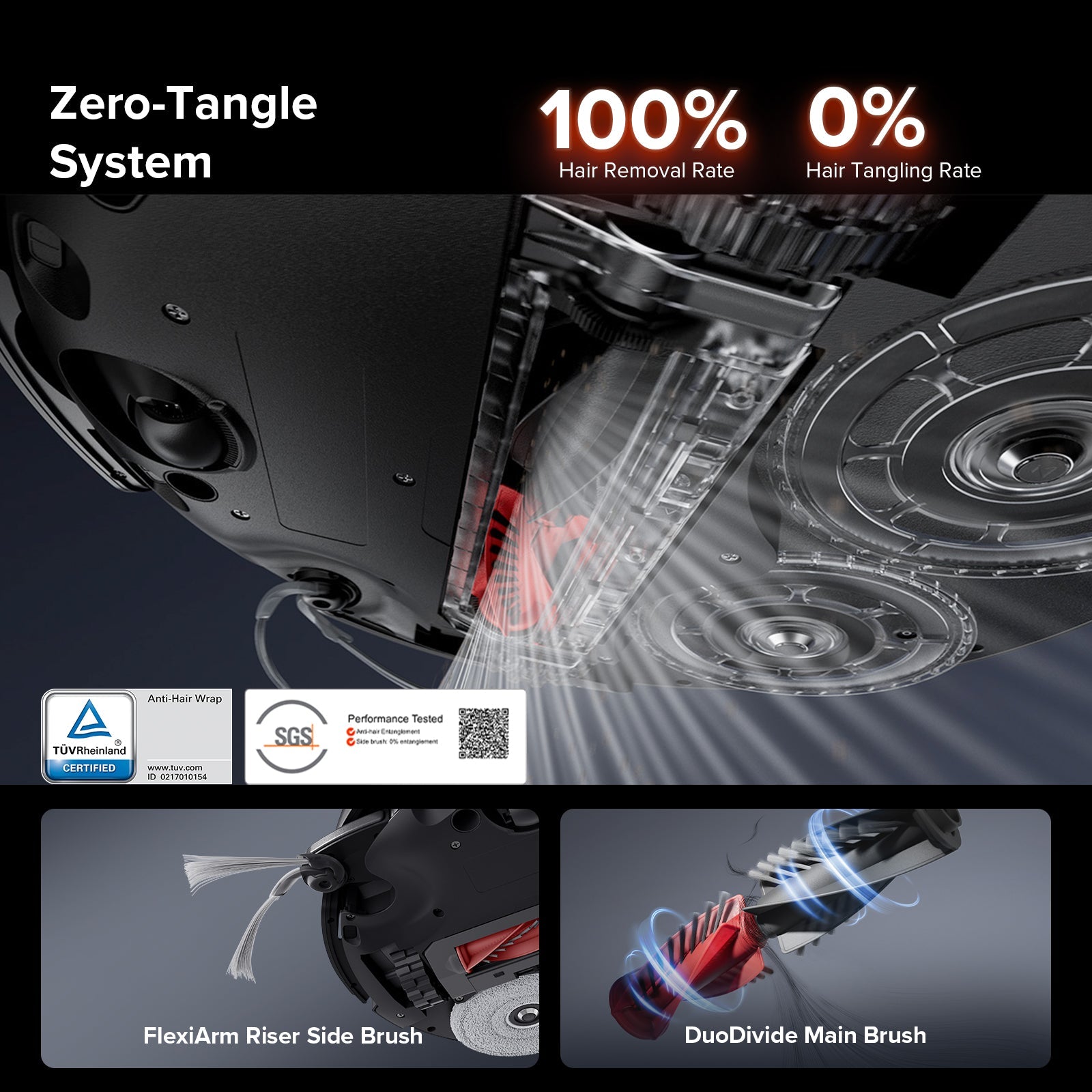 Roborock robot vacuum brush system showing anti-tangle airflow and side brush modules