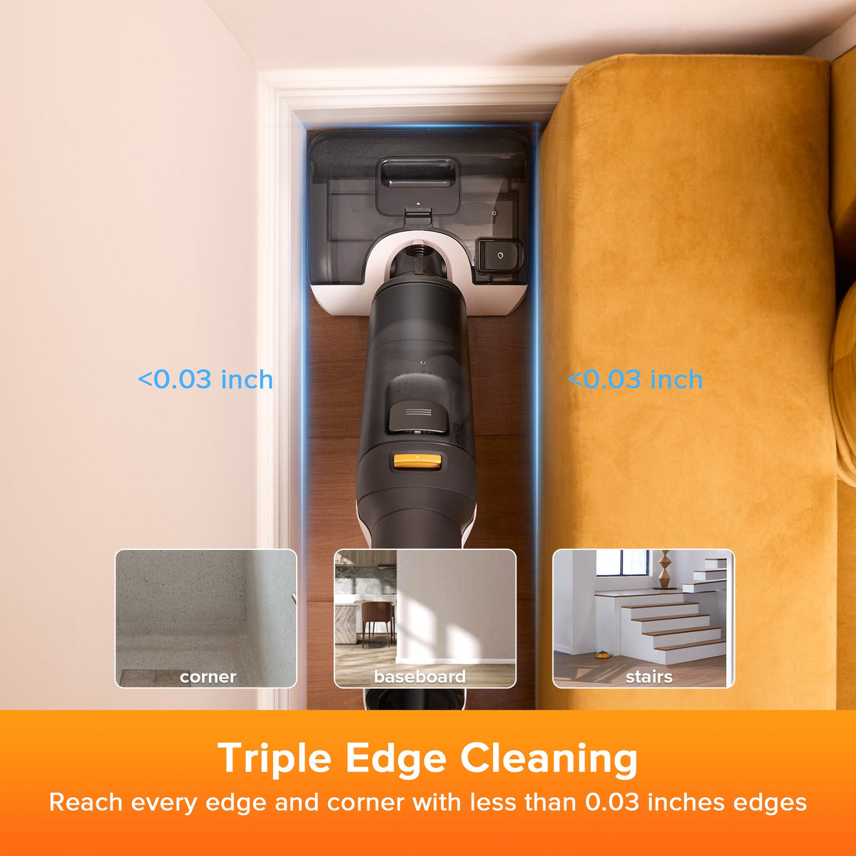 Roborock wet and dry vacuum cleaner with front nozzle docked for edge cleaning