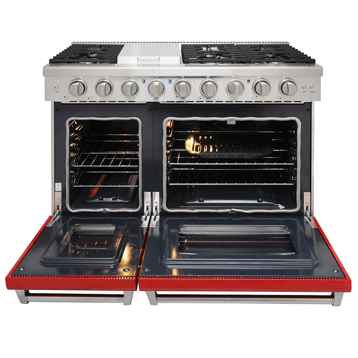 Red gas range with two open oven doors, racks inside, and six-burner cooktop