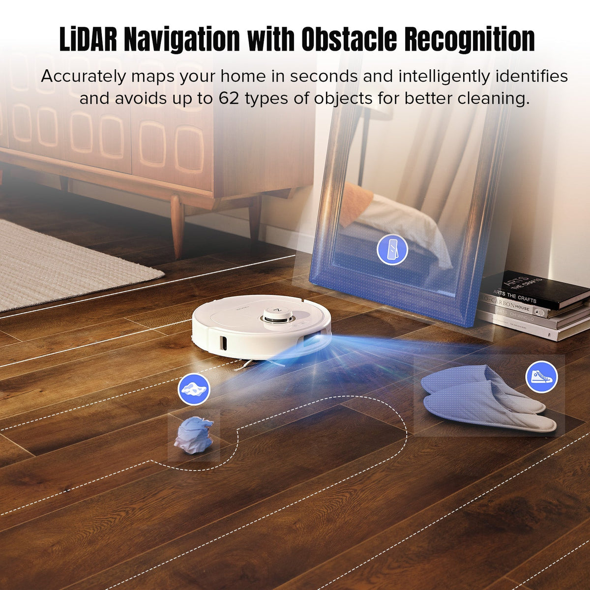 White robot vacuum cleaner using LiDAR navigation around obstacles on hardwood floor