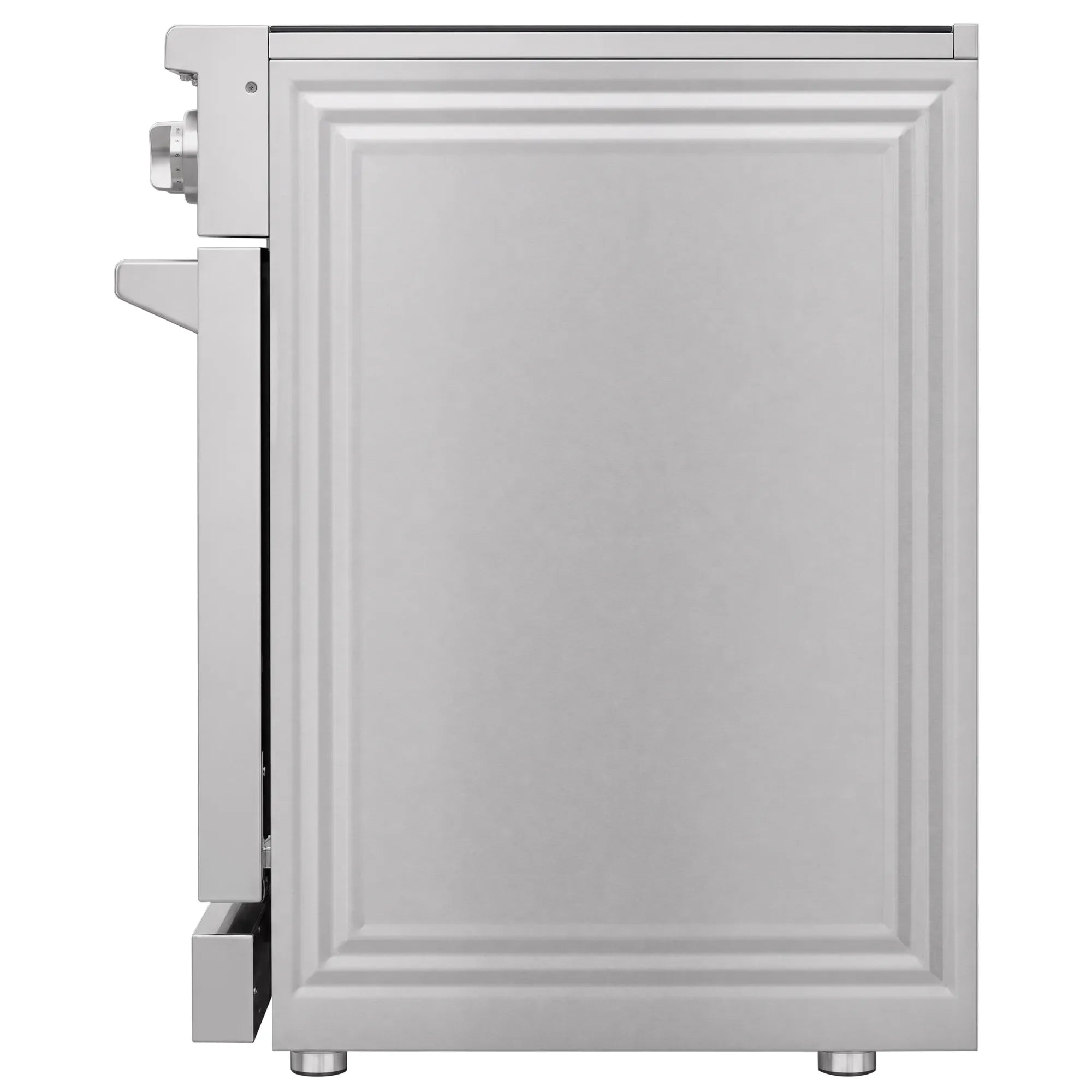 Stainless steel electric range oven door with raised panel design and two lower feet