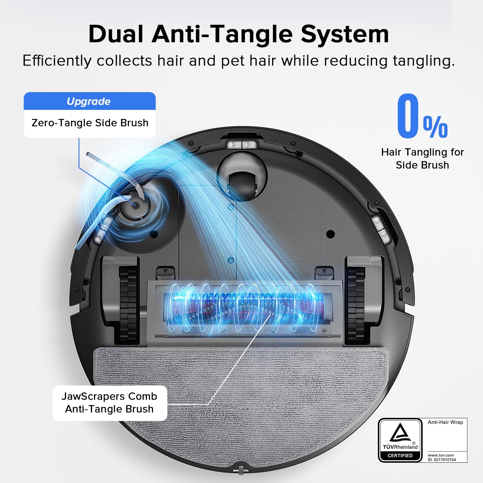 Robot vacuum base with anti-tangle side brush and front jaw-scraper comb