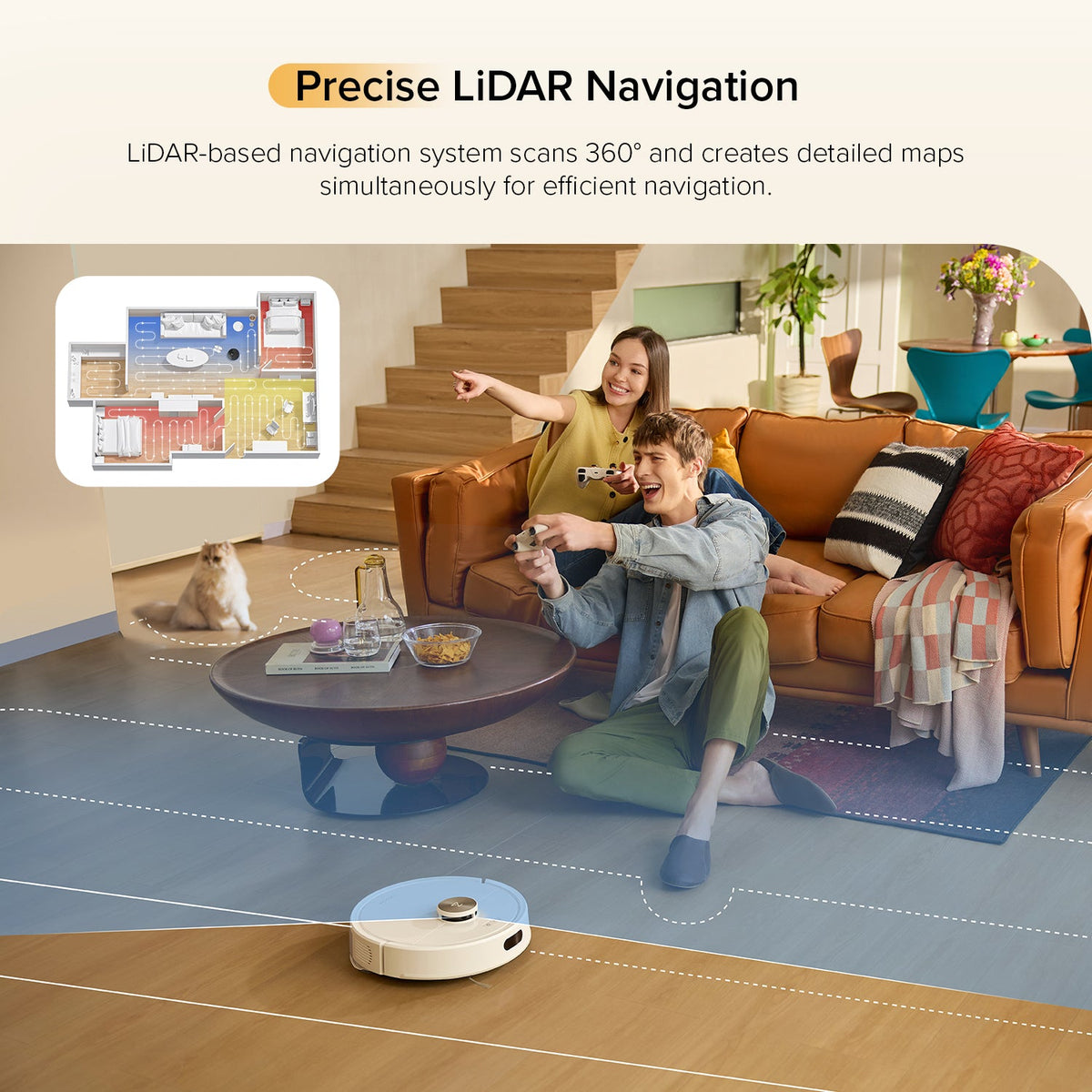 Roborock robot vacuum and mop, white unit with LiDAR sensor on top