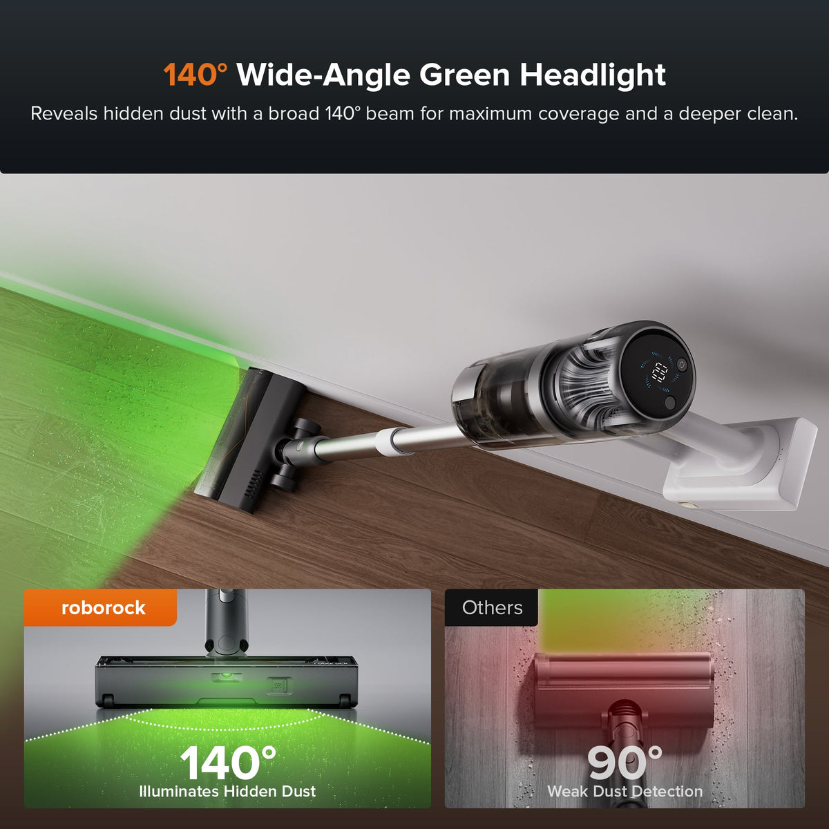 Cordless stick vacuum floor nozzle with wide-angle green headlight on hardwood