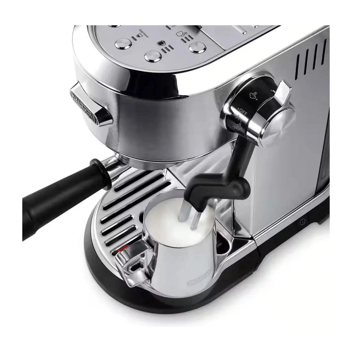 Espresso machine side view with black steam wand and stainless drip tray
