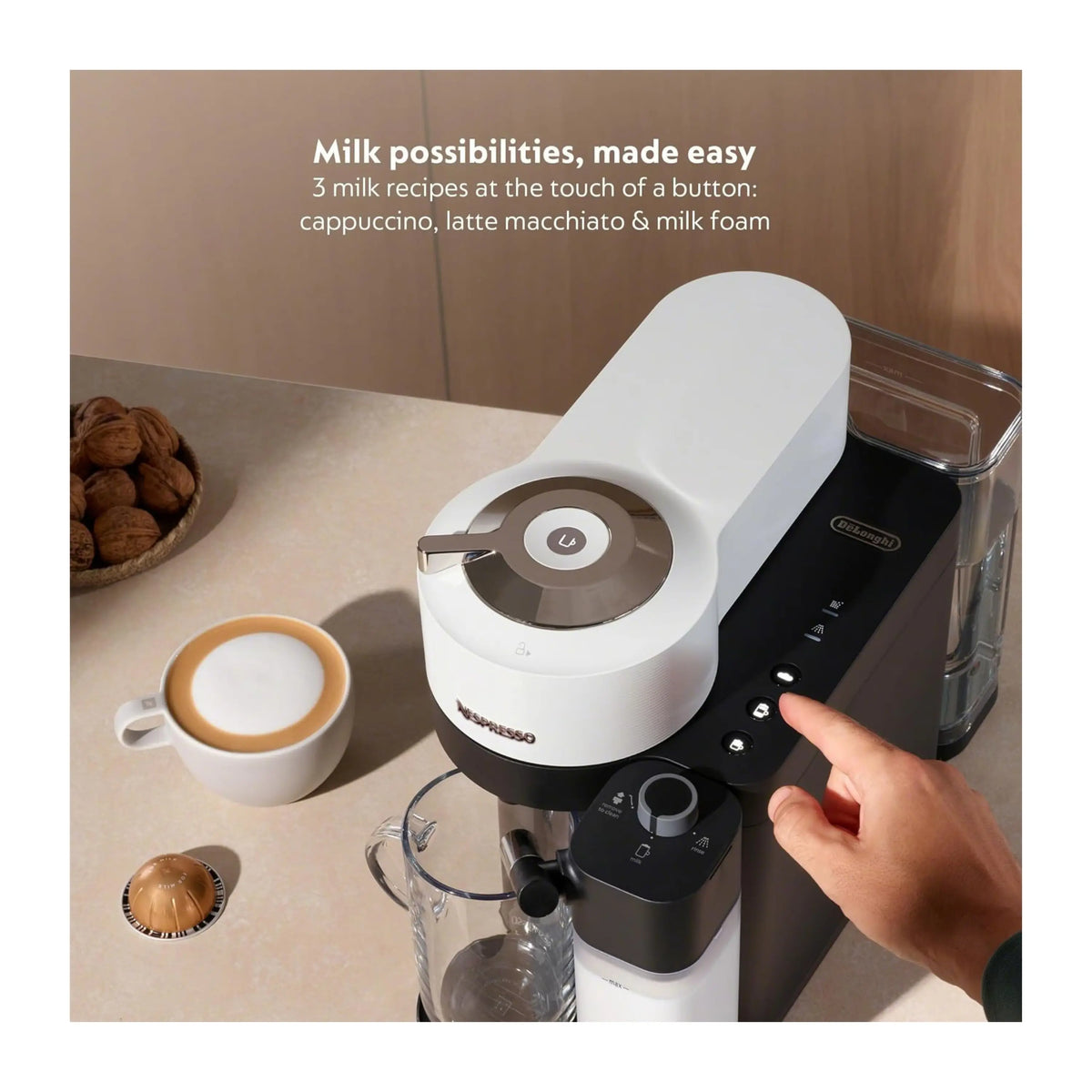 White one-touch milk system coffee machine with milk tank and hand control