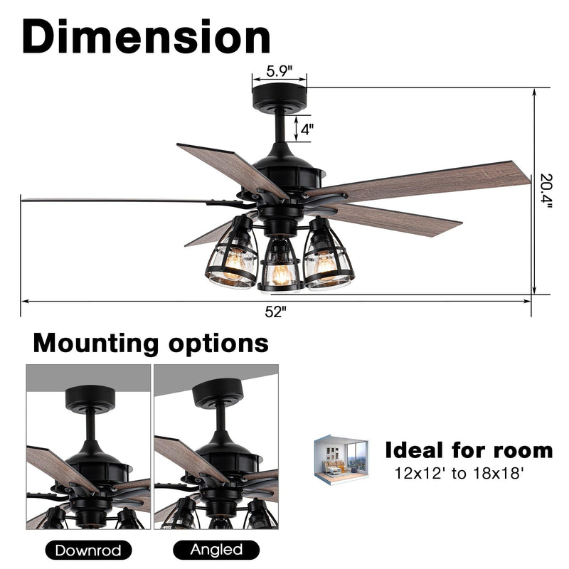Parrot Uncle 52-Inch Kashmir Traditional Downrod Mount Reversible Ceiling Fan with Lighting and Remote Control (F6352110V)