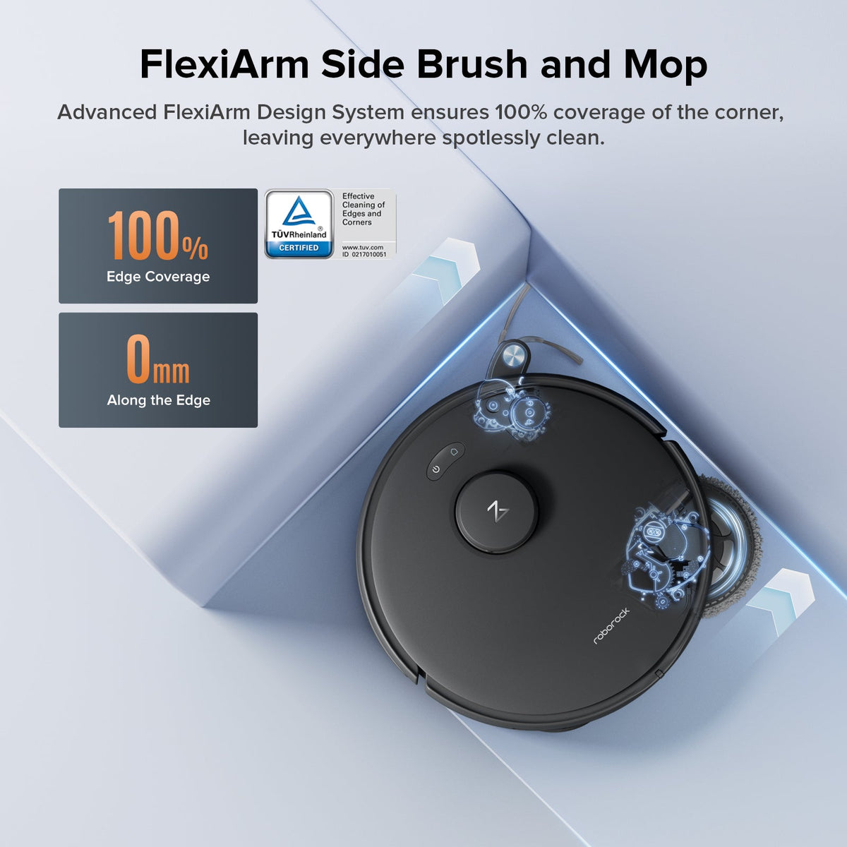 Black robot vacuum angled view showing side brush and mop corner