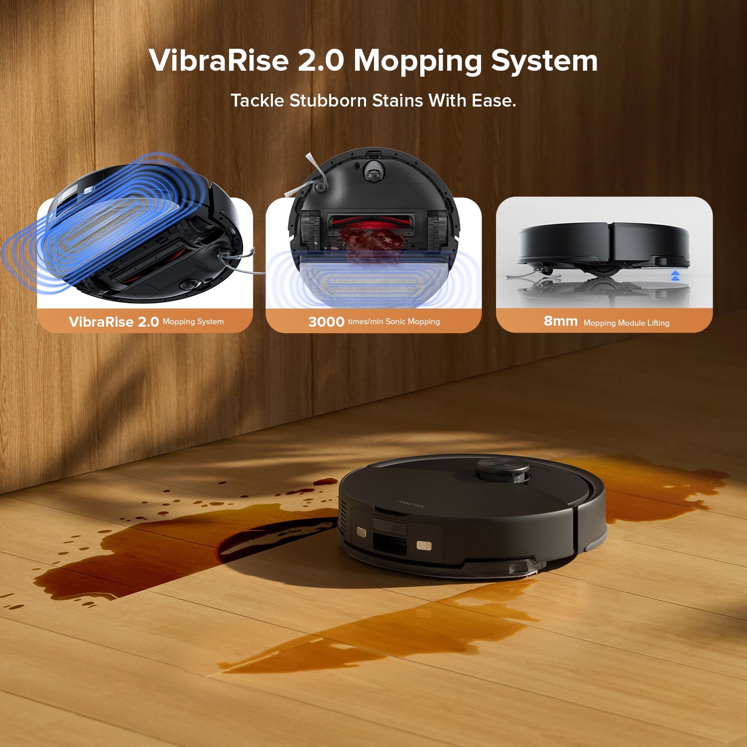 Black robot vacuum and mop on wood floor with visible wet-mopping action lines.