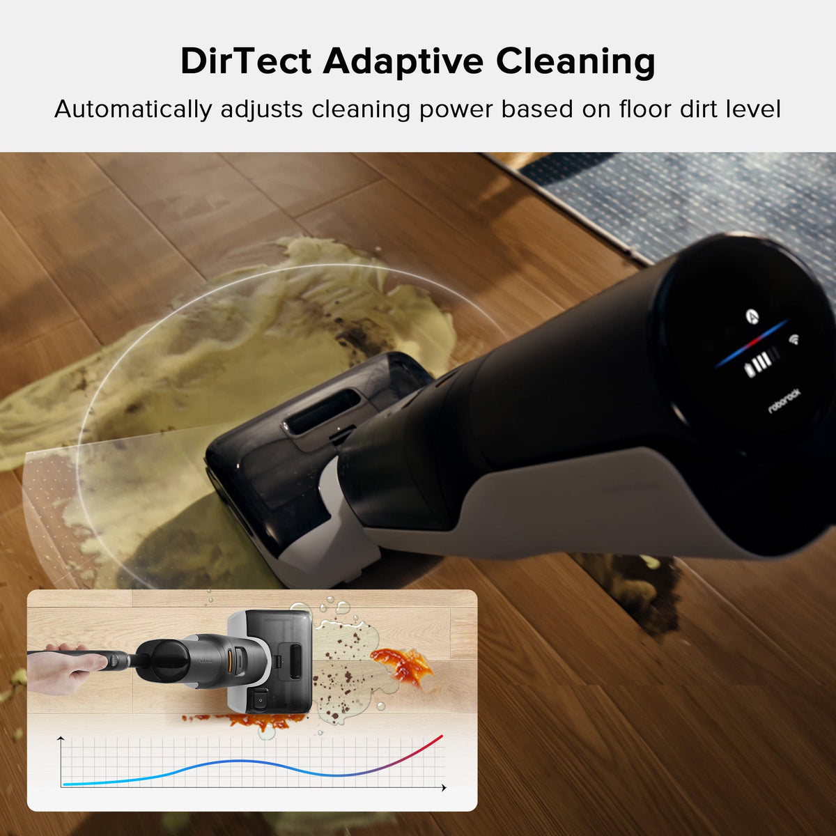 Wet and dry vacuum cleaner nozzle scrubbing a stained floor area, black and gray handle