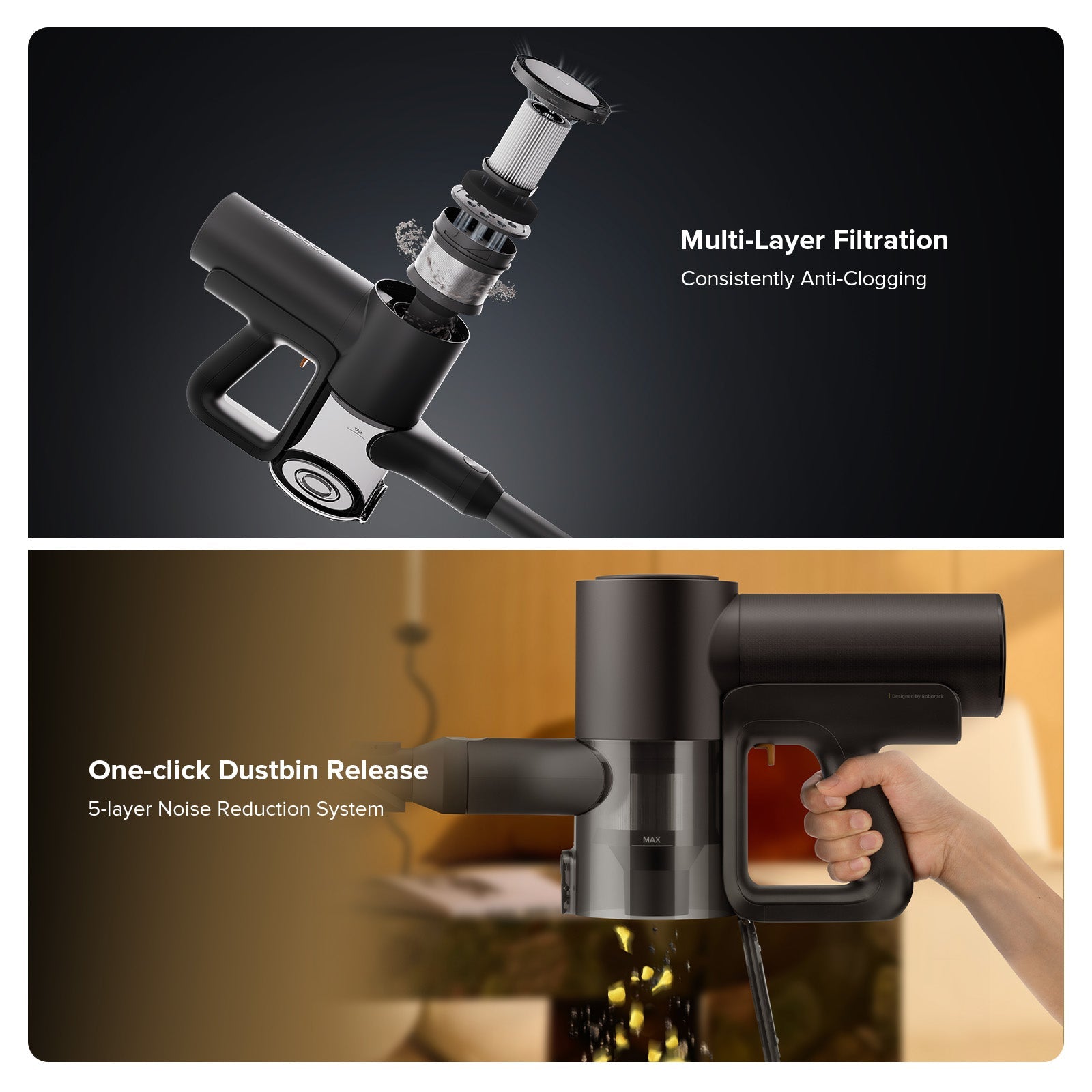 Black wet/dry stick vacuum with multi-layer filtration and one-click dustbin release