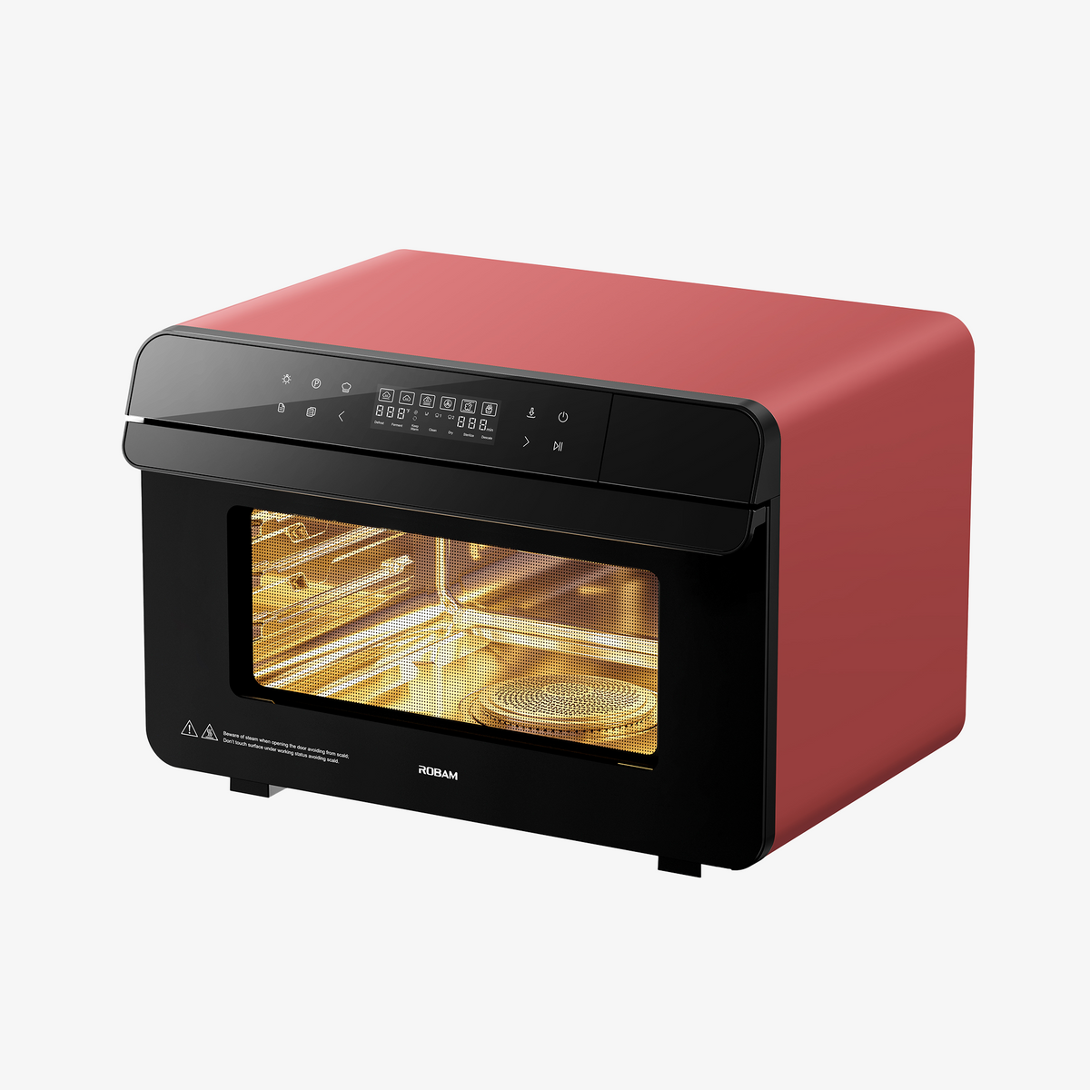 ROBAM combi steam oven with red body and open door window, black control panel
