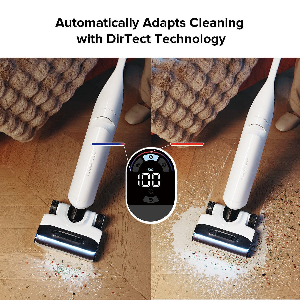 White wet and dry vacuum cleaner with dual side-by-side cleaning heads on hardwood