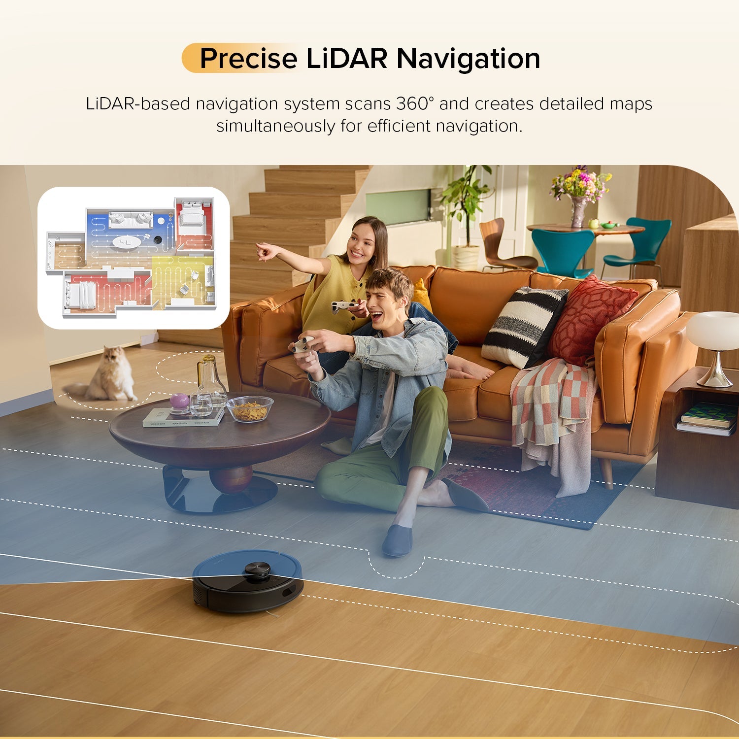 Black robot vacuum and mop on floor with LiDAR map lines for navigation