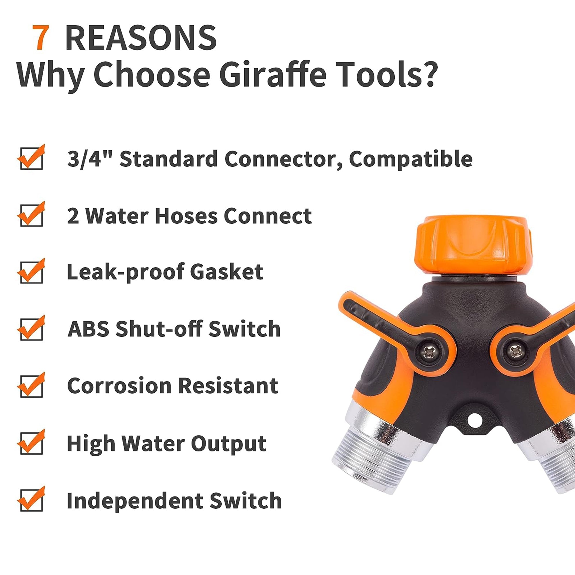 Metal water hose splitter with two outlet hoses, orange lever handles, ABS shut-off