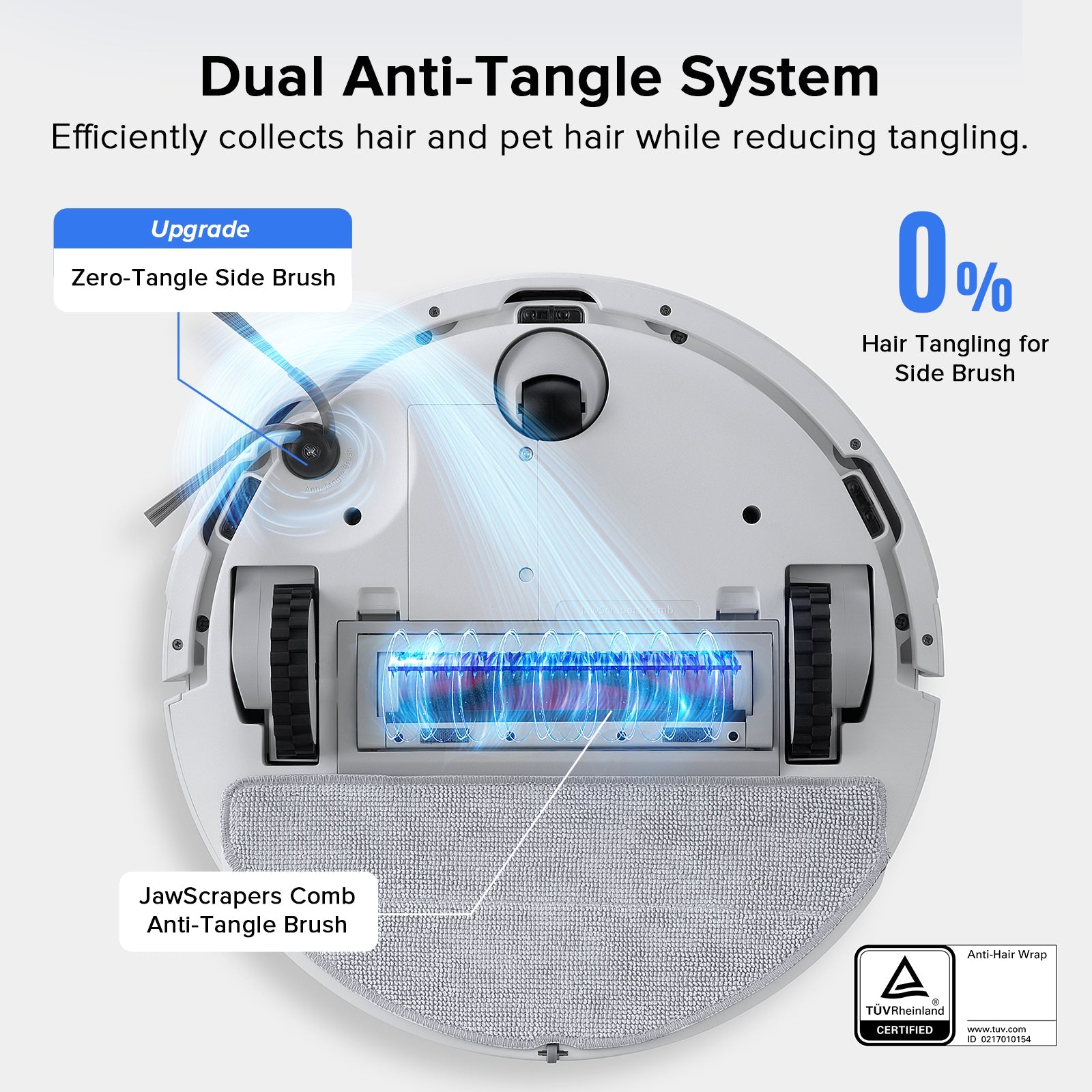 White robot vacuum underside view with dual side brushes and main roller