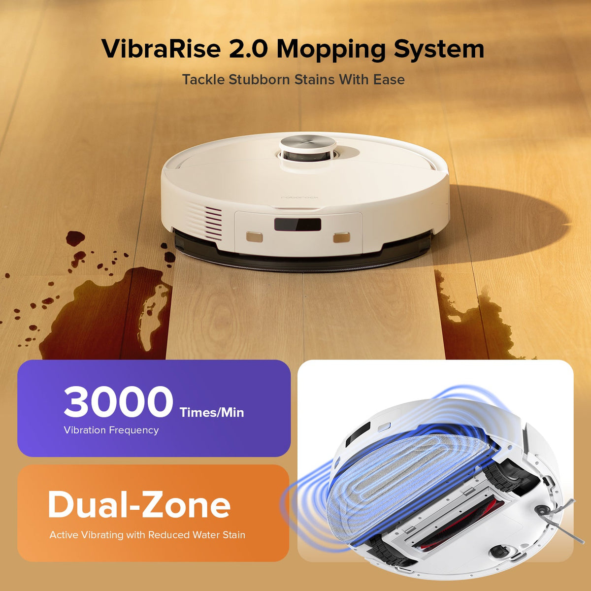 White robot vacuum and mop on wood floor with front-facing top and mop system