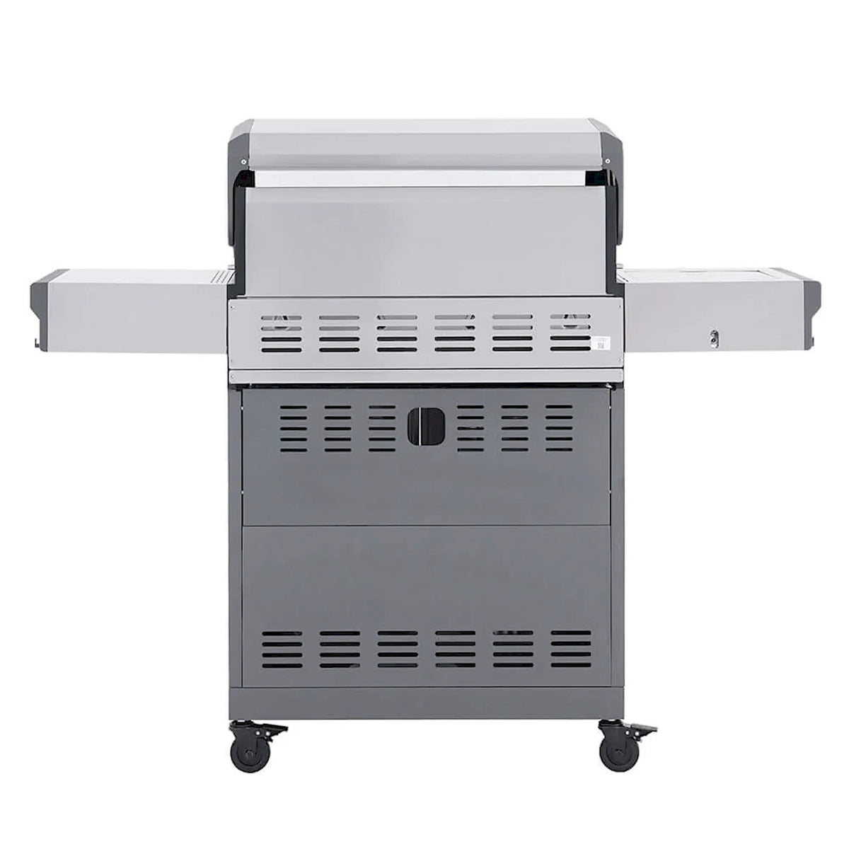 Stainless steel propane grill with open lid and front burner area grates