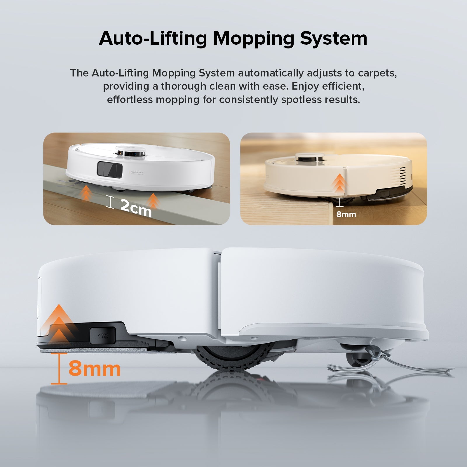White robot vacuum and mop with auto-lifting mop pads shown raised
