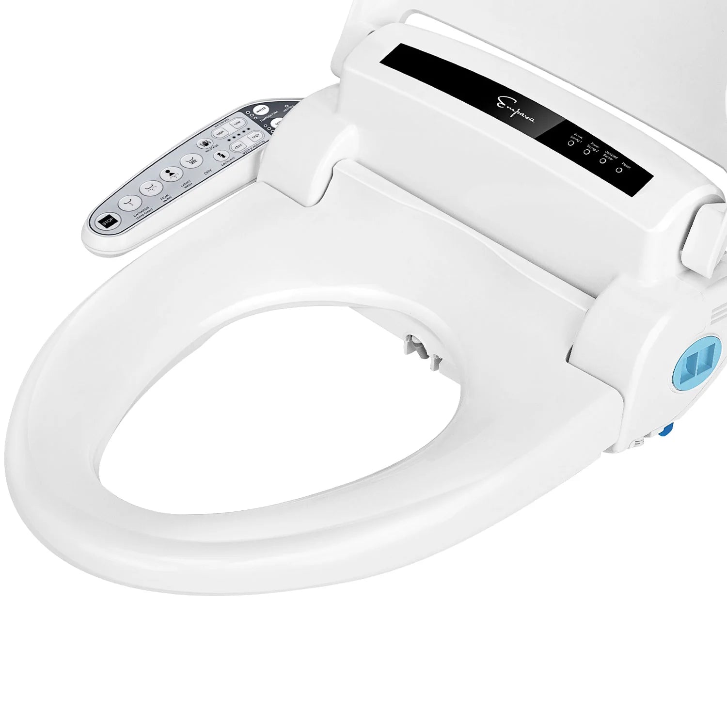 Electric bidet seat with open lid and nozzle area, white body and side control buttons