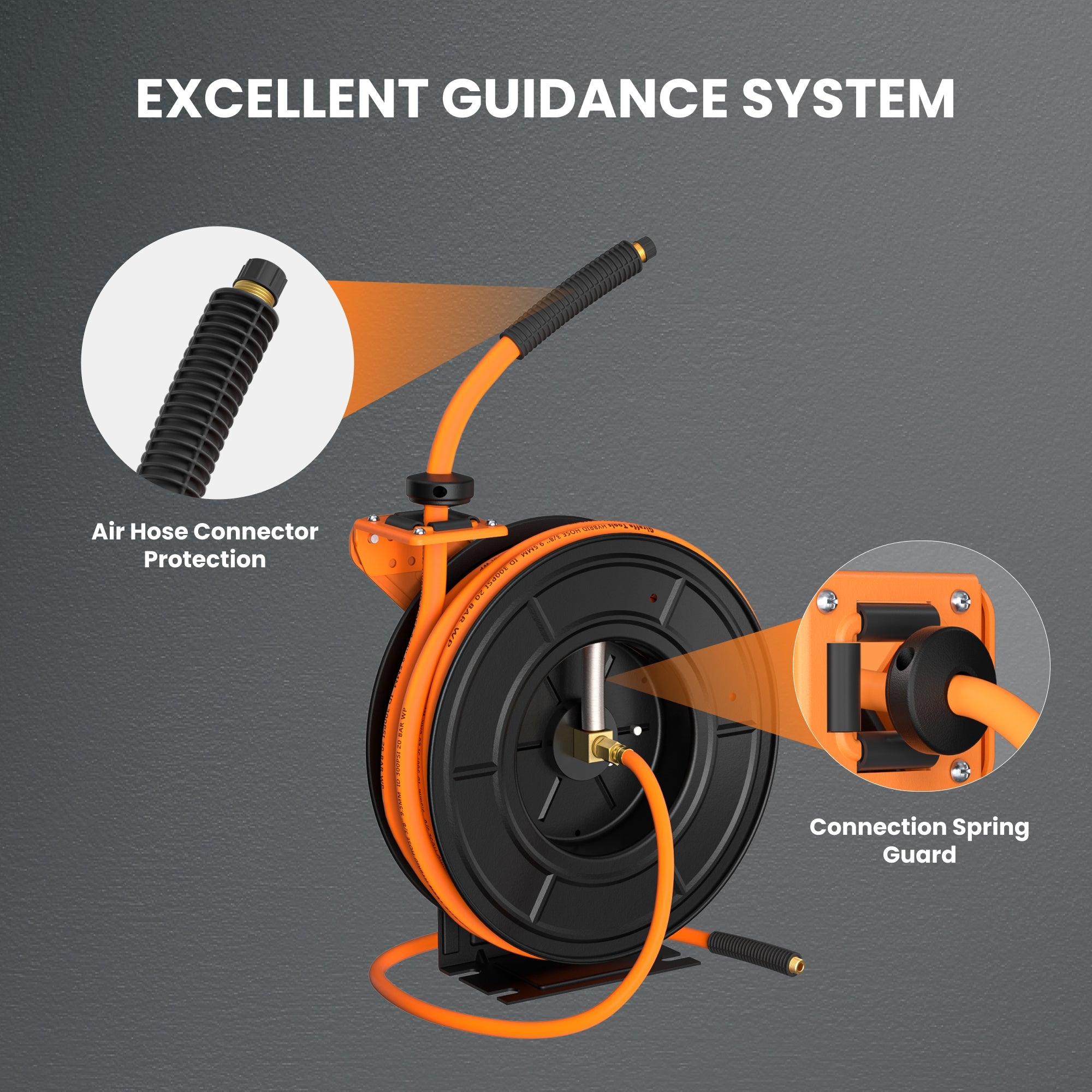 Retractable air hose reel with connection spring guard and protected connector