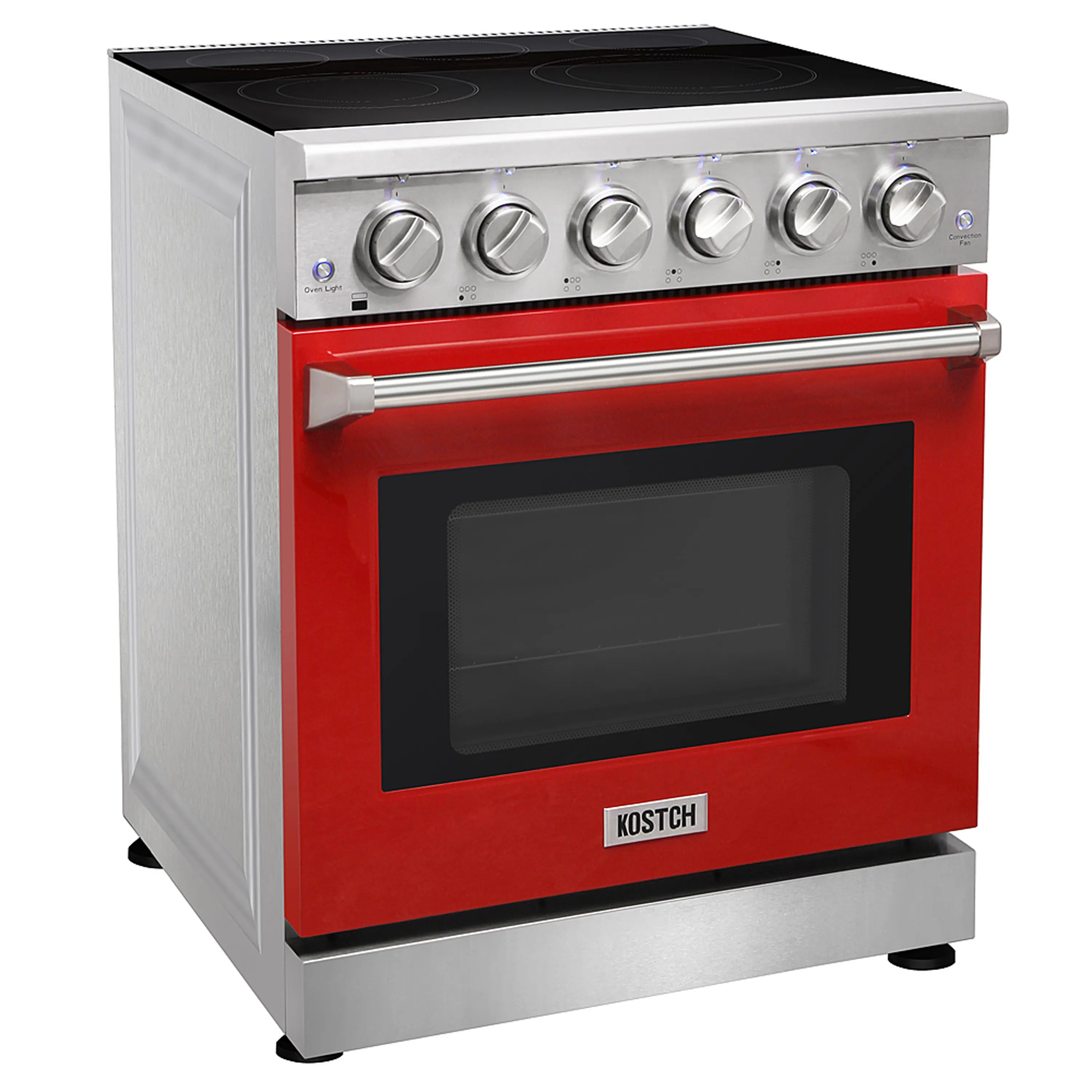 Kostch electric range with red oven door and silver control panel