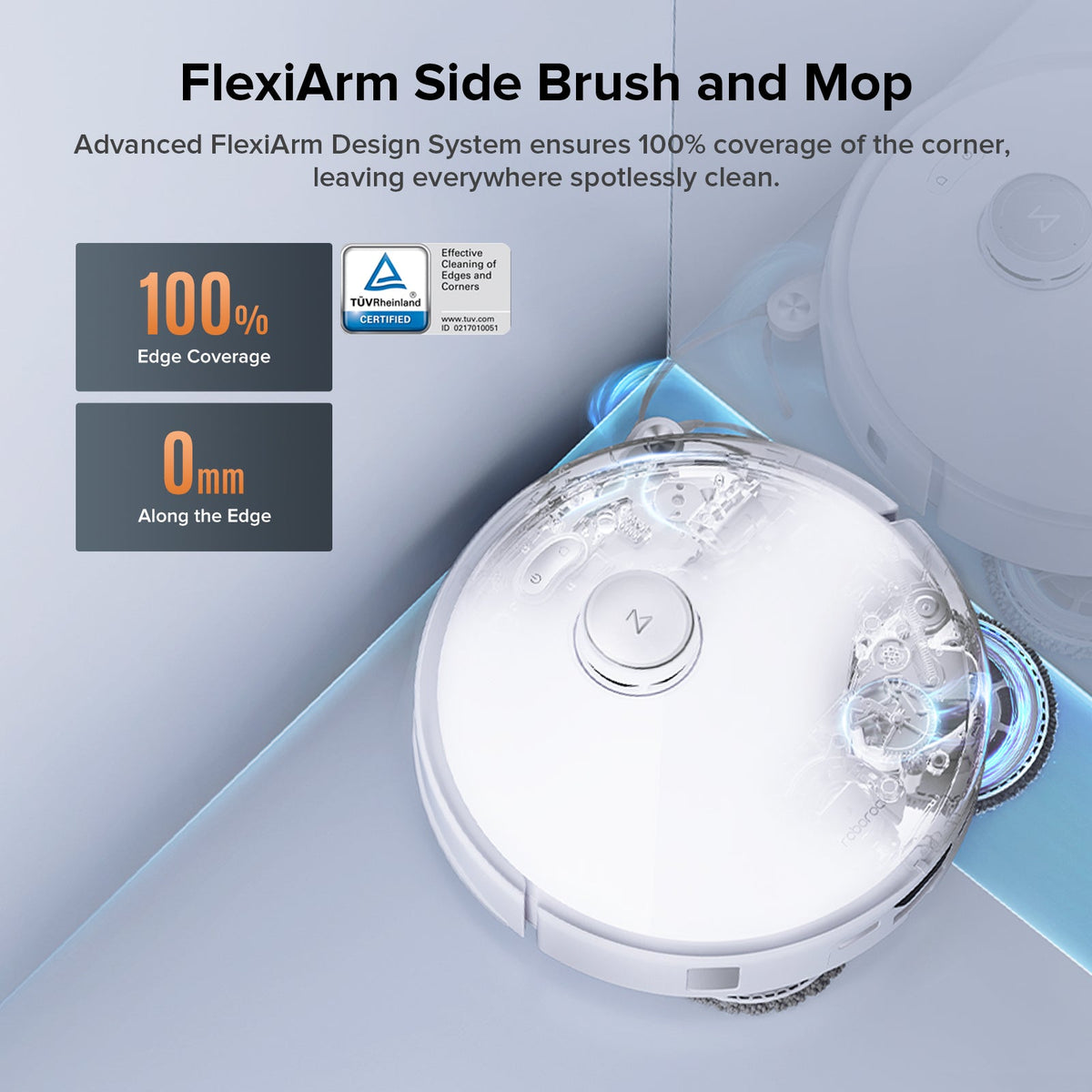 White robot vacuum with visible top sensor and front brush/mop edge detail