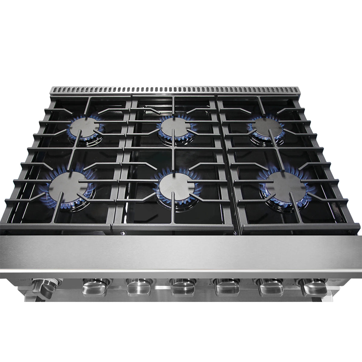 Stainless steel six-burner cooktop with burner grates and caps
