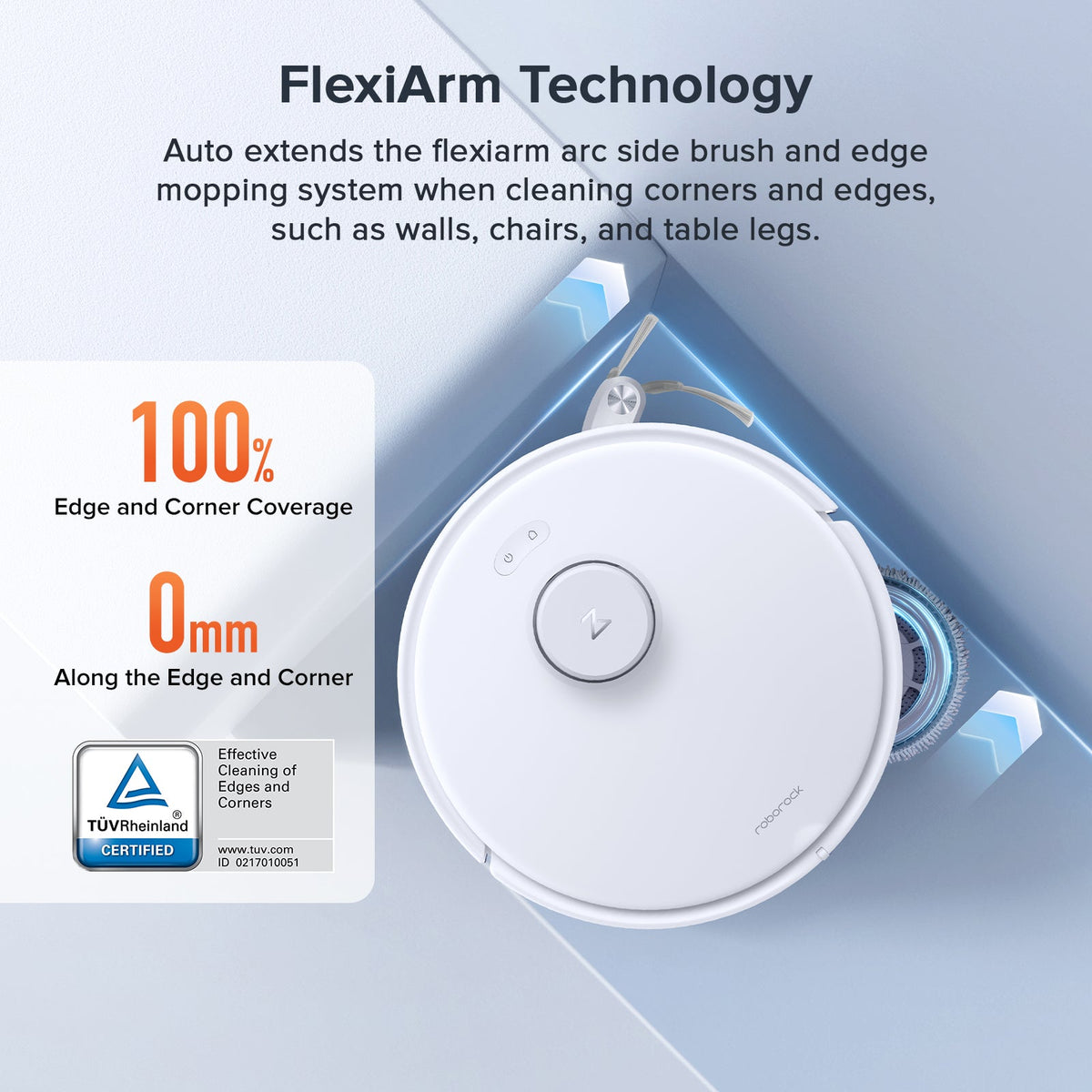 White robot vacuum top view showing FlexiArm side brush edge coverage mechanism