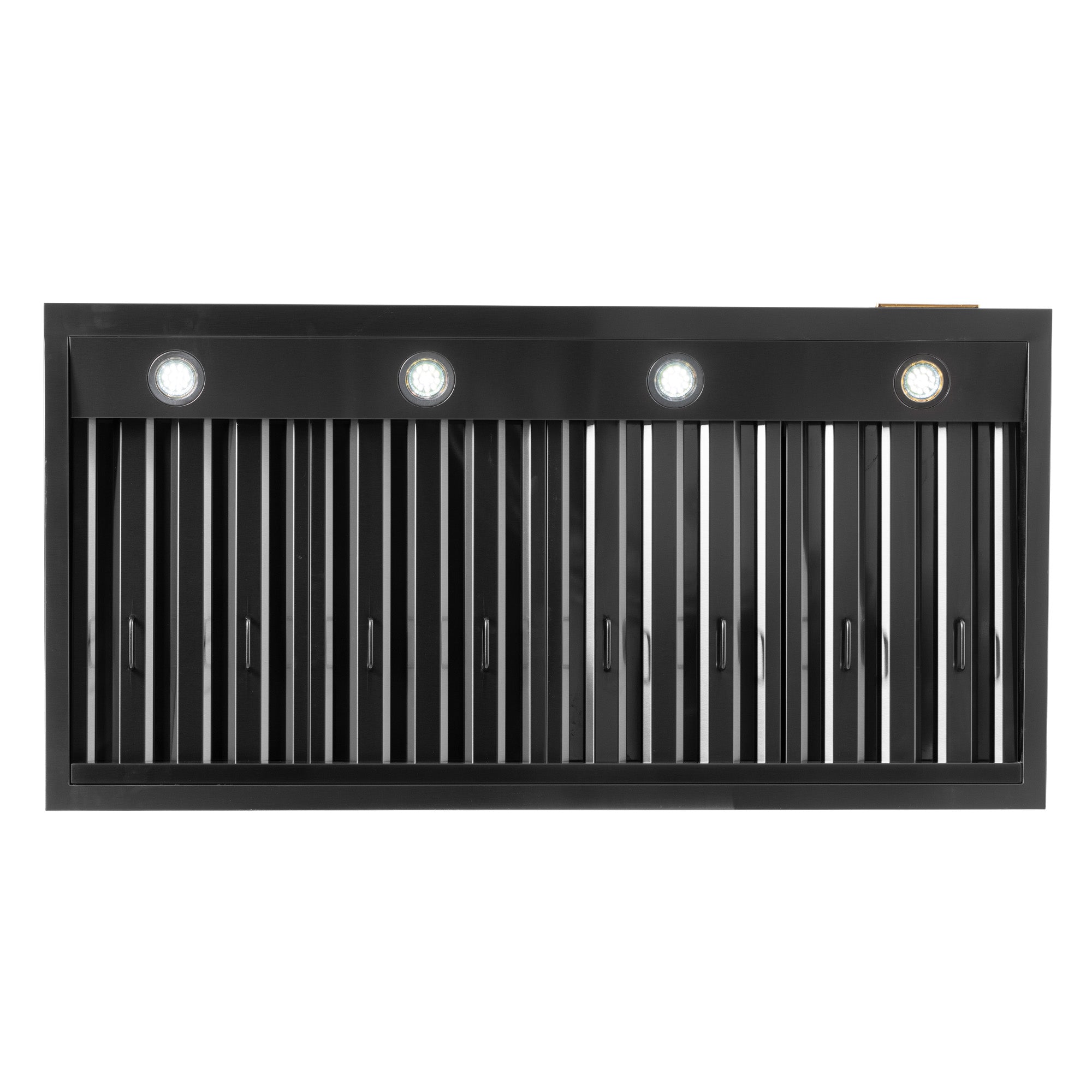 Under-cabinet range hood canopy in dark titanium stainless steel with vertical grille and 4 lights