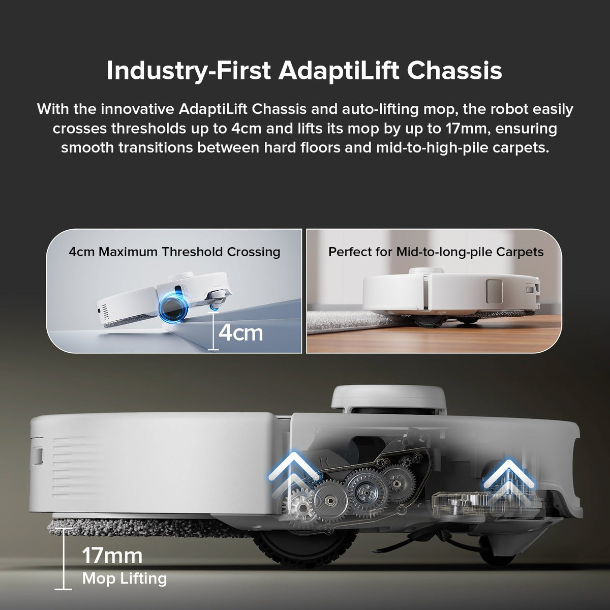 Roborock robot vacuum with adaptlLift chassis and auto-lifting mop underside view