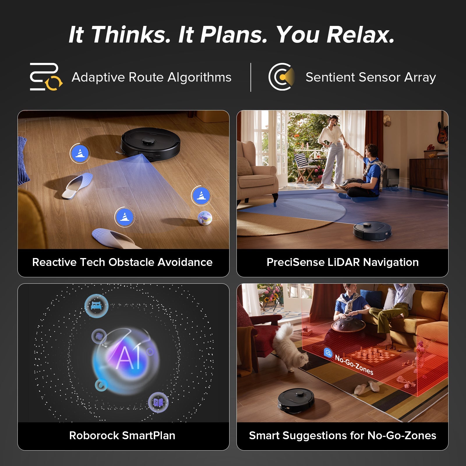 Black robot vacuum with navigation sensors shown during indoor movement